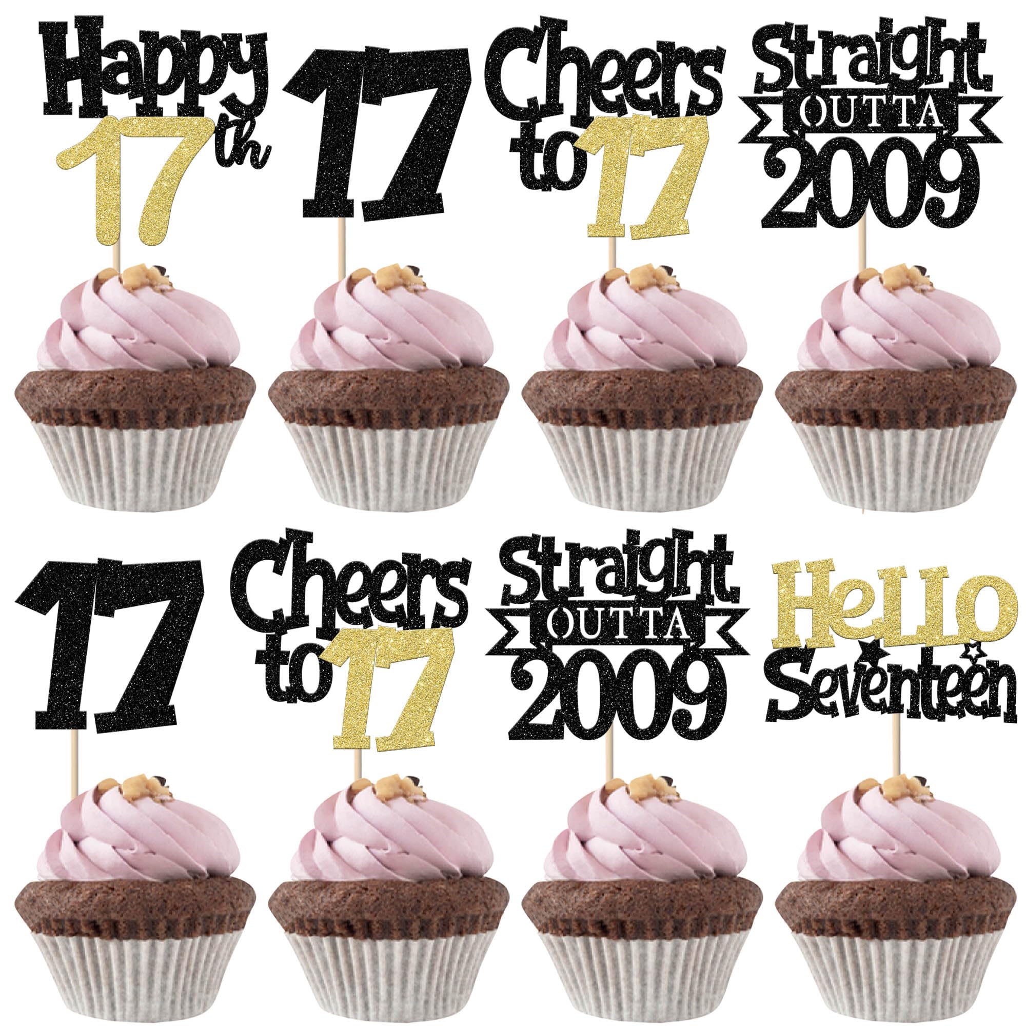 SYKYCTCY 30 Pack Straight Outta 2009 Cupcake Toppers Glitter Black Gold Hello Seventeen Happy 17th Birthday Cupcake Picks Cheers to 17 Years Cake Decorations for Happy 17th Birthday Party Supplies