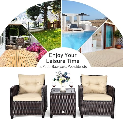 Miniatura 7 de Toolsempire Juego de muebles de mimbre de 3 piezas para patio, juego de sofá para exteriores con cojín resistente al agua y mesa de vidrio templado,