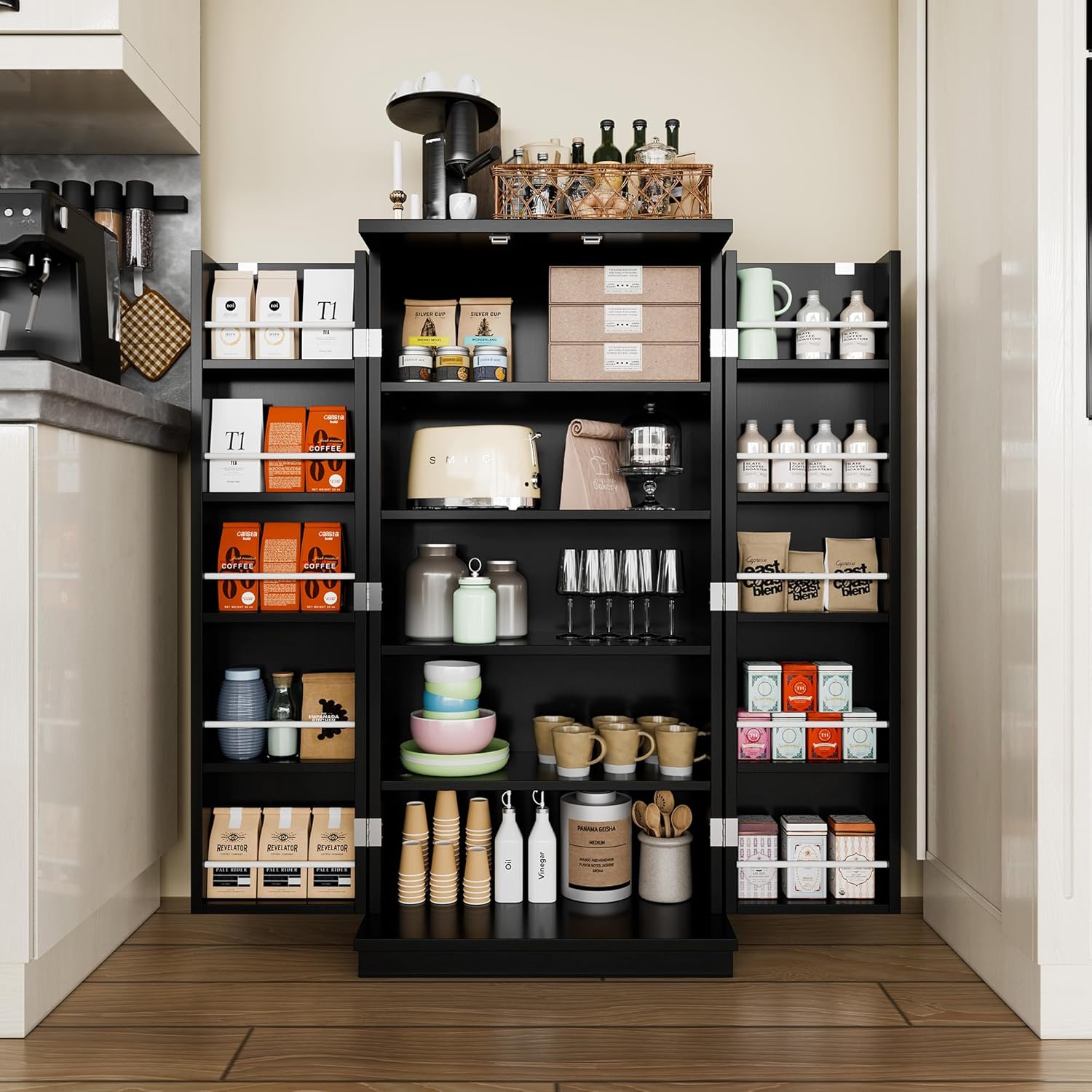 Shintenchi Kitchen Pantry Cabinet,5 - Layer Storage Cupboard with Adjustable Shelves for Organizing and Storing Food Items,47'' Versatile Buffet Sideboard for Kitchen, Bathroom and Laundry,Black