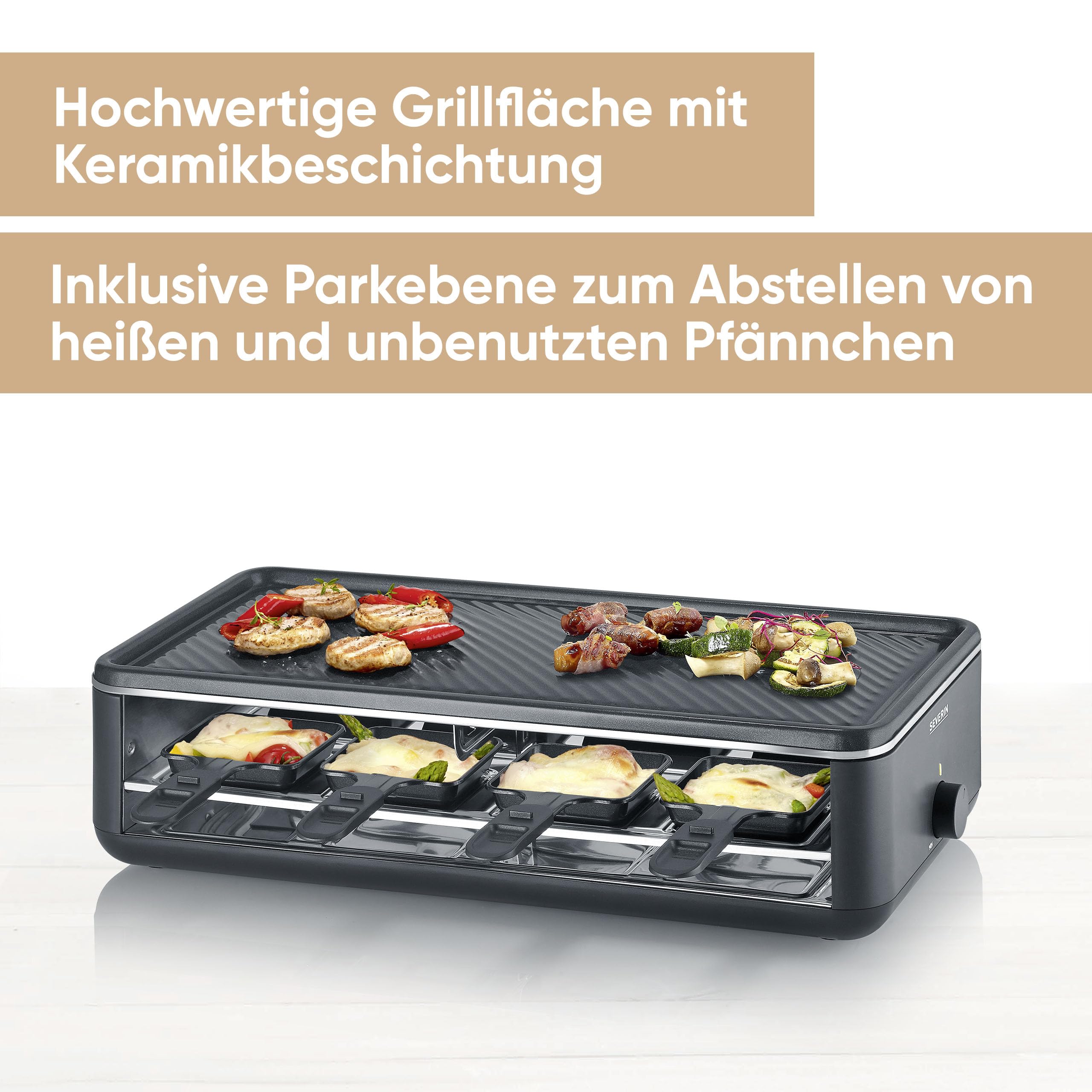 SEVERIN Raclette-Grill RG 2365 für 8 Personen, antihaftbeschichtete Grillplatte, spülmaschinengeeignet, Black Line Lite