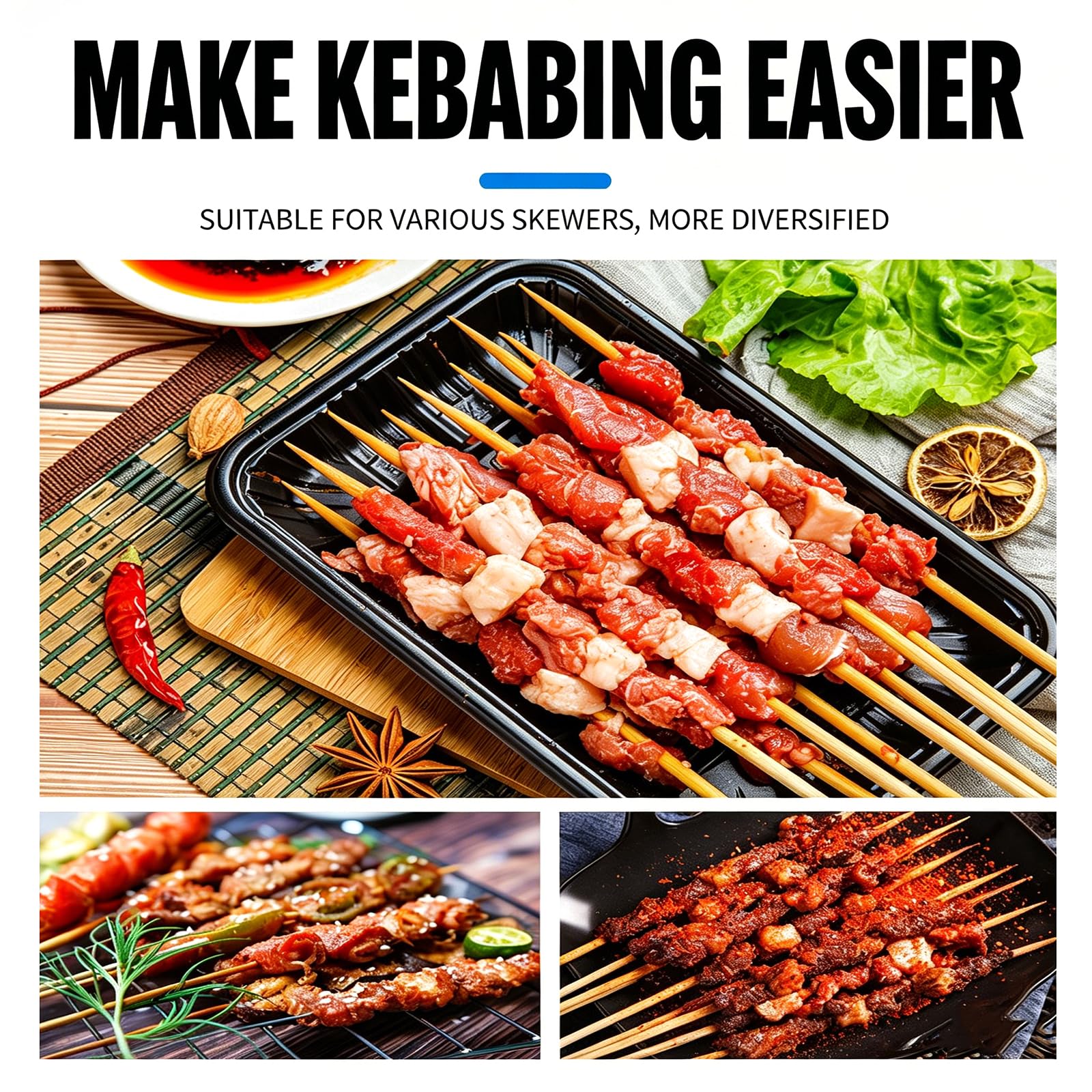 Macchina per kebab manuale con 8/12 fori, in acciaio inox, per spiedini da barbecue, design regolabile per tutti gli spiedini in bambù/metallo, ideale per picnic all'aperto e campeggio