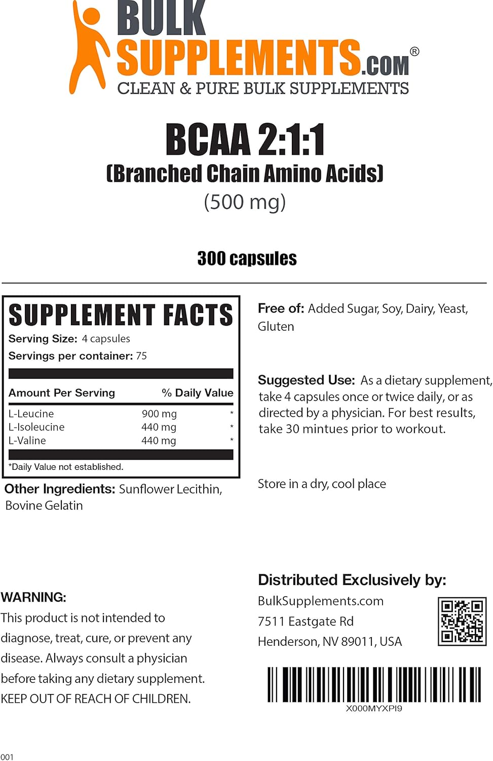 BulkSupplements BCAA 2:1:1 (Branched Chain Amino Acids) - BCAAS Amino Acids - Pre-Workout (300 Gelatin Capsules - 100 Servings) : Health & Household