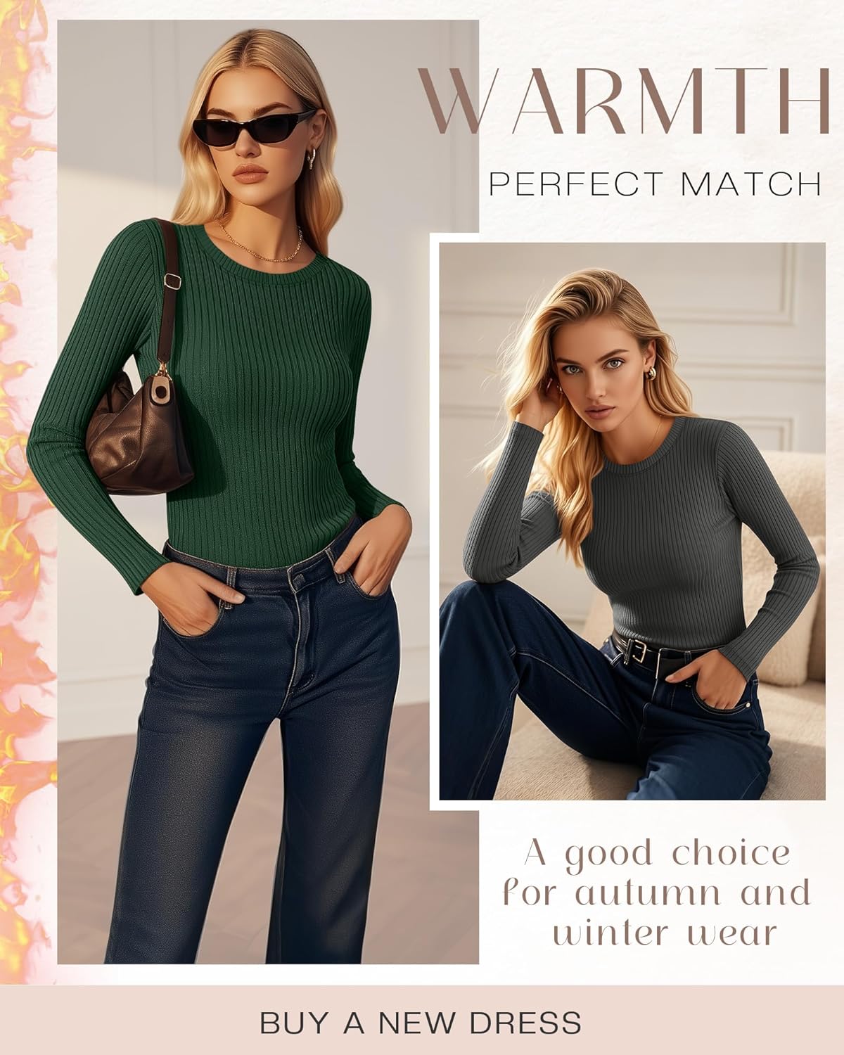 4 Pack Women's Thermal Long Sleeve Shirt Ribbed Cotton Slim Tops Crew Neck Basic Undershirt Stretch Layer Blouses - Image 4