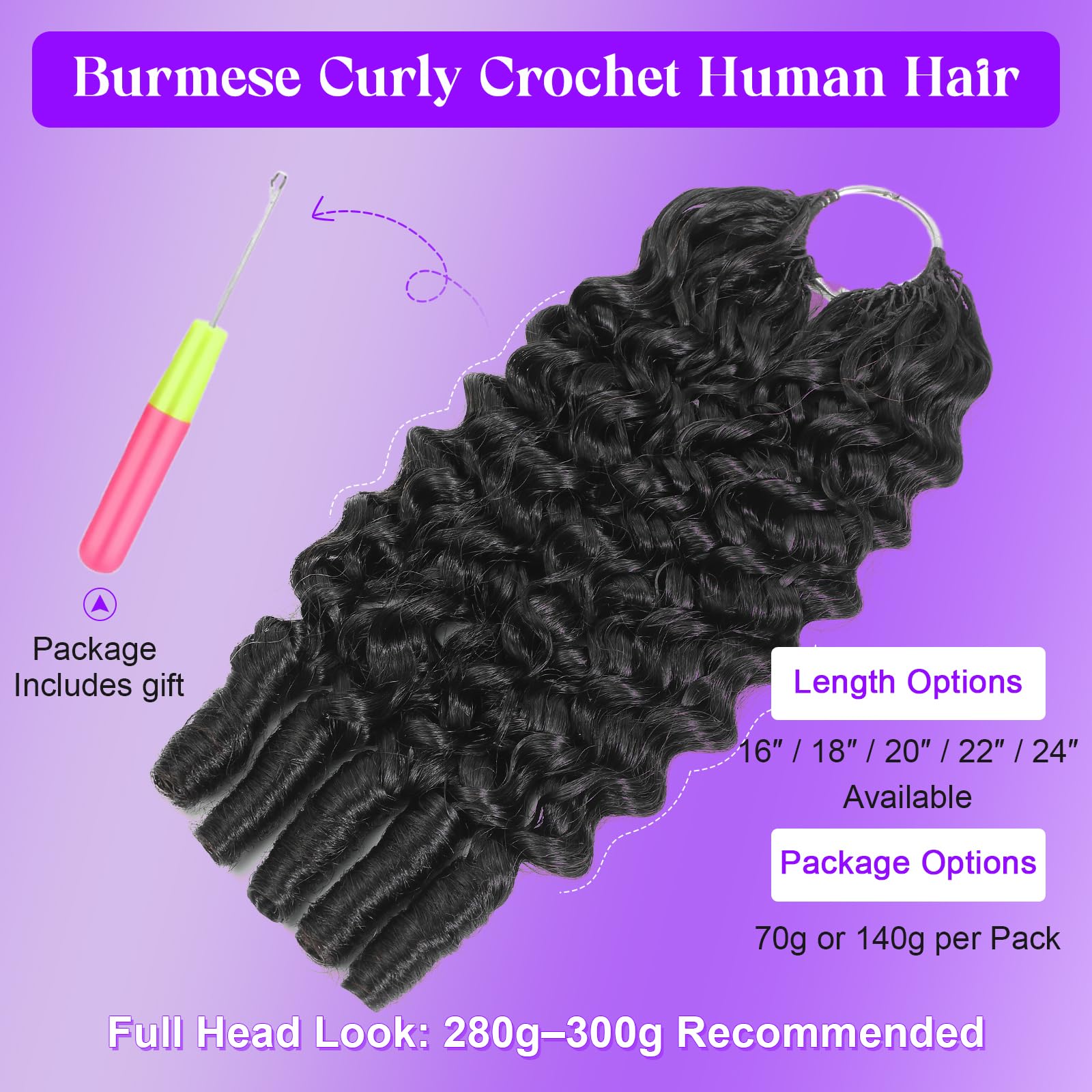 Burmese Curly Crochet Human Hair 1B Pre-Separated Knotless