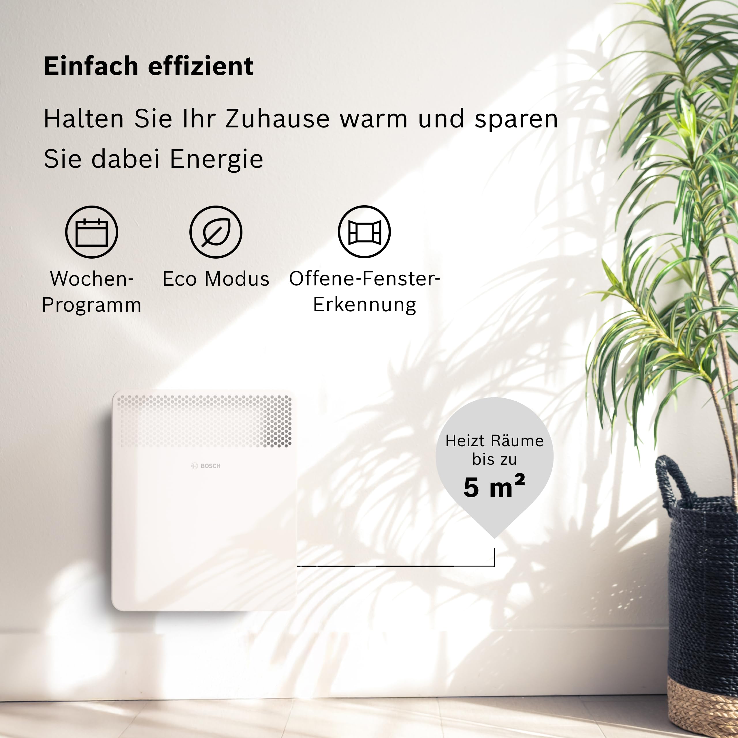 Bosch Heat Convector 4000-5 Elektrischer Konvektor, 500 W | Für Räume bis ca. 5 m², Elektroheizung mit Elektronischem Regler, LED-Anzeige, Wochenprogramm und Spritzwasserschutz