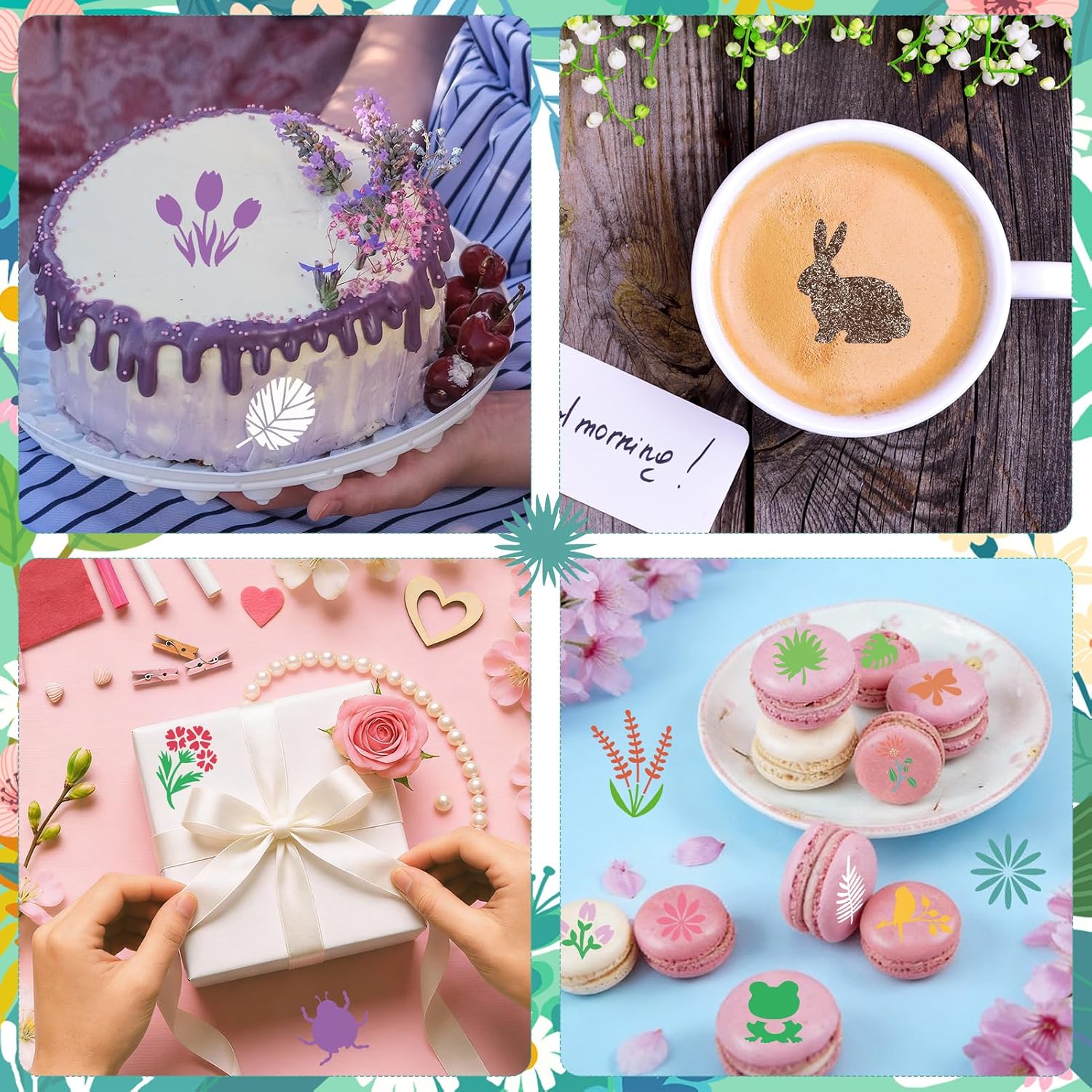 Konsait 20 Pack DIY Coffee Stencils Latte Art Templates for Decorations Reusable Cake Cookie Stencils,Includes Designs for Painting Butterfy, Flowers, Bunny, Bird,Perfect for Party Supplies