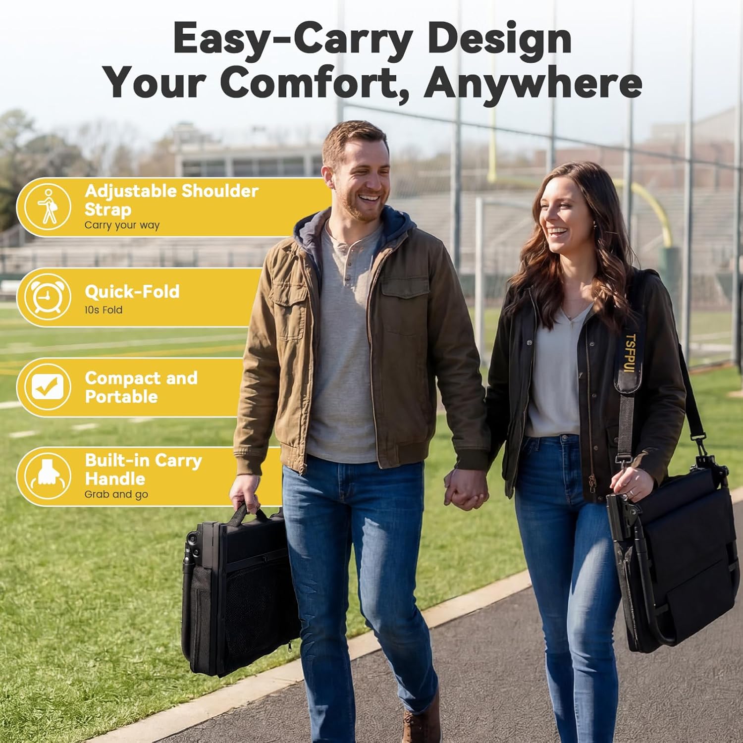 Heated Stadium Seat with Back Support Foldable Bleach Chair,Portable 90-180 °Angle and Adjustable Height Recliner and Thick Cushion,Used for Sports Events & Concerts Includes Shoulder Strap(Heatable)