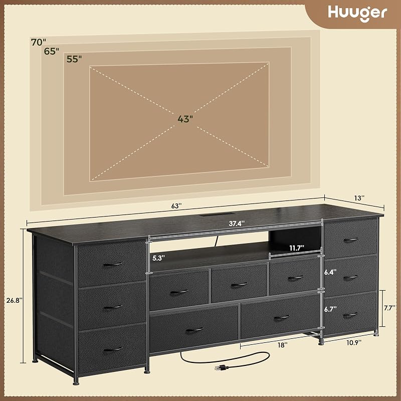 Huuger 63 Inch TV Stand for 65, 70 Inch TV, 11 Drawer Long Dresser with Power Outlets and LED Lights, Entertainment Center with Storage, Black Dresser with PU Leather Surface image 3