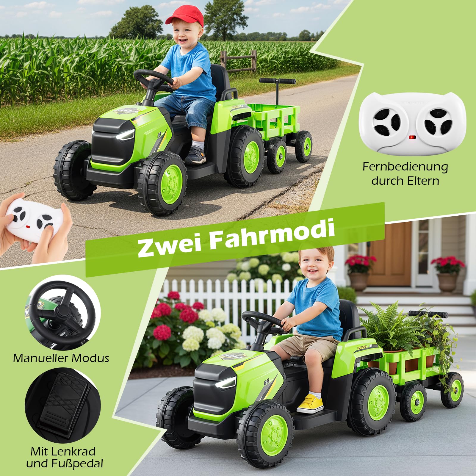 GOPLUS Elektryczny traktor dla dzieci 12 V z przyczepą, traktor elektryczny z pilotem zdalnego sterowania 2,4 G, pojazd elektryczny ze światłem LED, muzyką, klaksonem i Bluetooth, samochód elektryczny