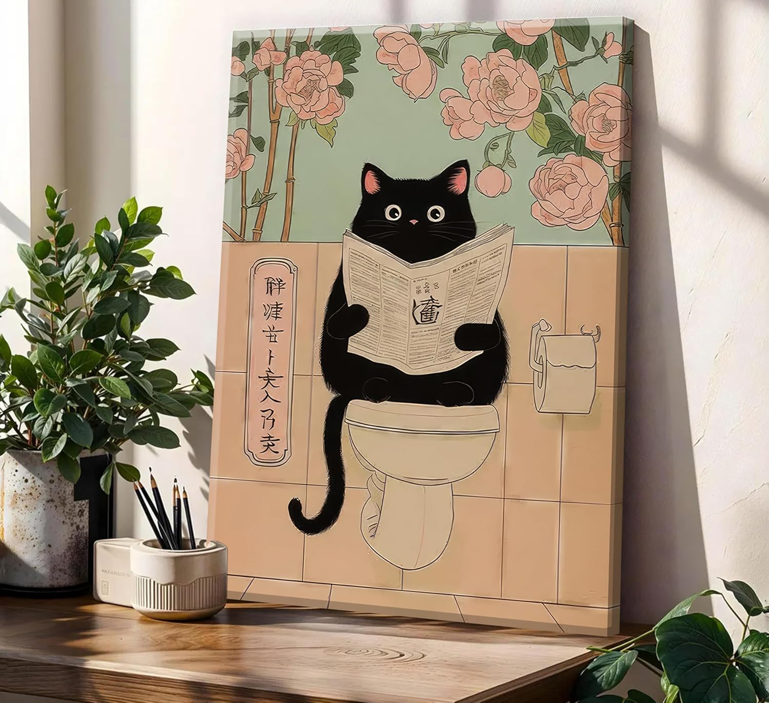 ZWTJPLN Japanese Ukiyo-e Style Black Cat Bathroom Canvas Wall Art Set (8x11/12x16Inches) - 3-Piece Funny Cat Decor for Restroom, Toilet & Home