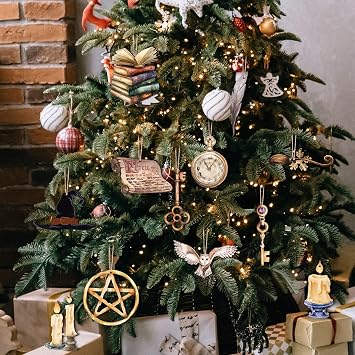 Suncalla 12 Pcs Wizard Christmas Tree Ornaments Wooden Magical Christmas Tree Hanging Ornaments Vintage Owl Hat Book Key Craft Decorations for Xmas Halloween Home Party Supplies