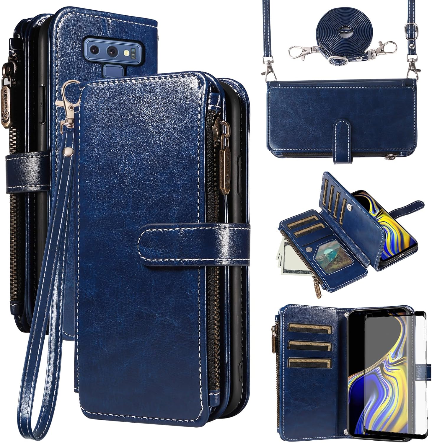 Asuwish Phone Case for Samsung Galaxy Note 9 Cover with Tempered Glass Screen Protector and Lanyard Zipper Wallet Card Holder Slot Stand Mobile Kickstand Cell Accessories Note9 Not S9 Women Men Blue