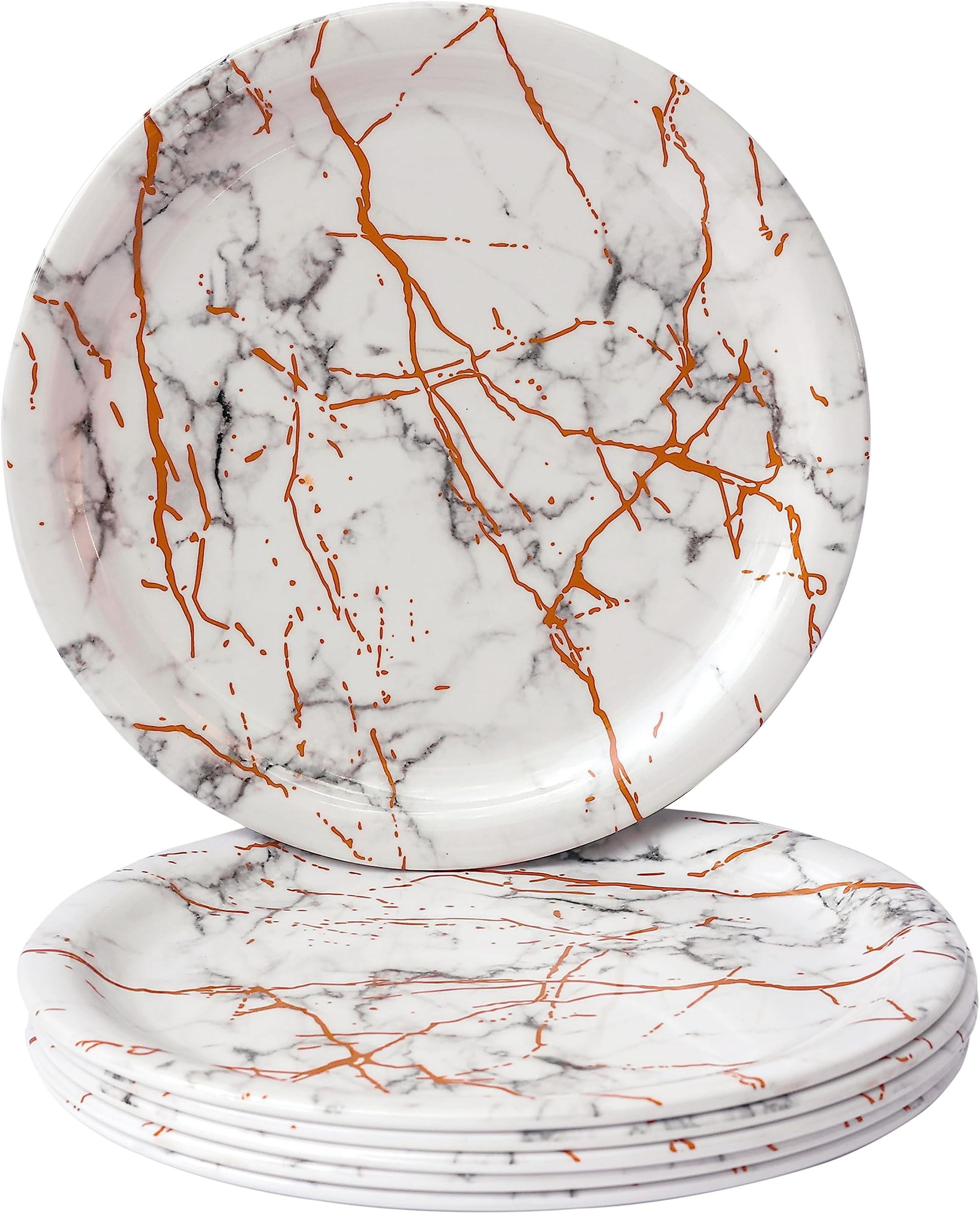 Serve n Style Melamine Marbel Print Snacks/Quarter/Side/Salad Plate Set. Microwave Safe, Bpa Free Unbreakable. for Breakfast, Snacks, Dinner Platter, Parties - 6 Pieces (White)