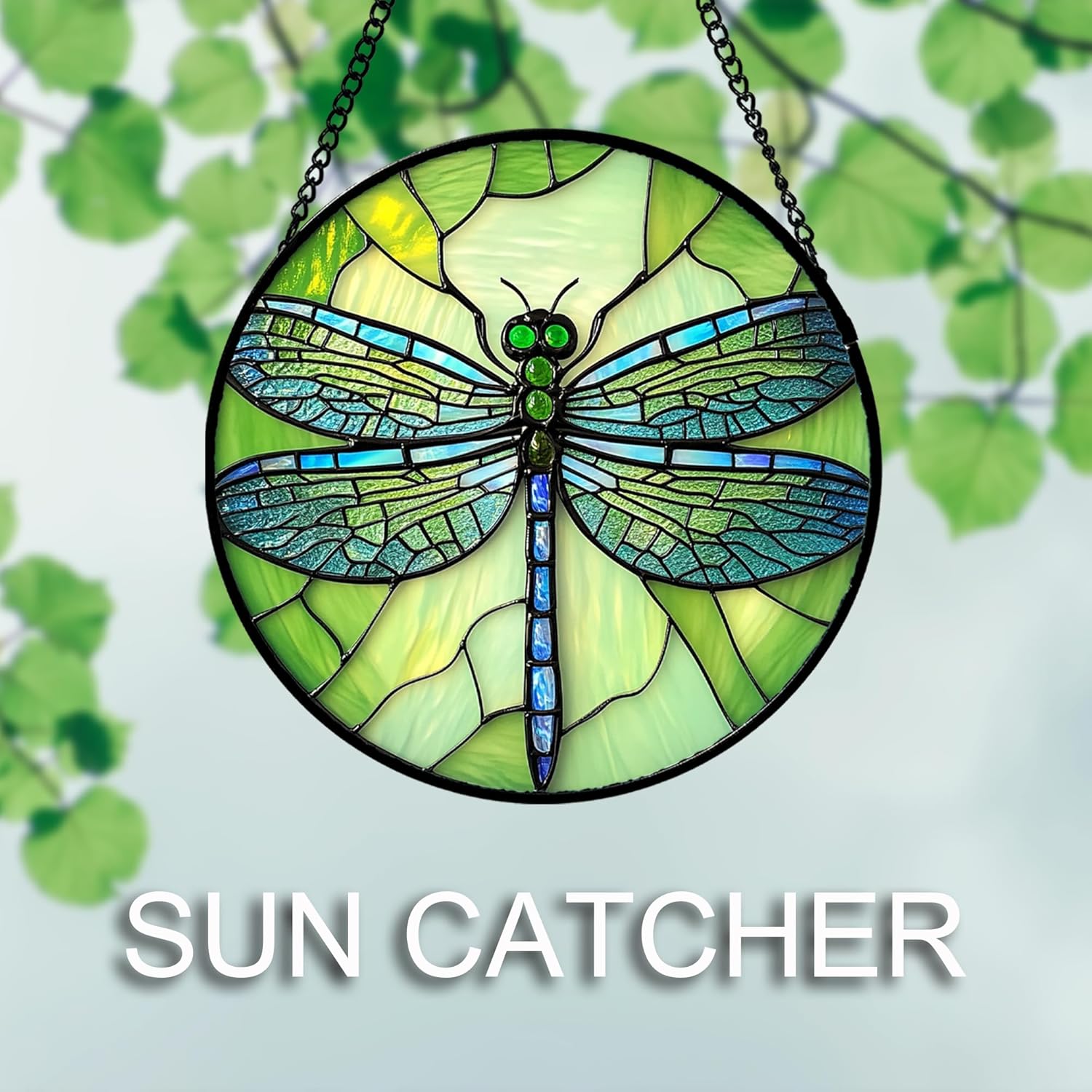 Stained Glass Window Hanging Blue Dragonfly Insect Large 15" - Green Suncatcher Door Garden Sun Catcher Home Decor Christmas Birthday for Mom Woman Nana Friend Girl Boy