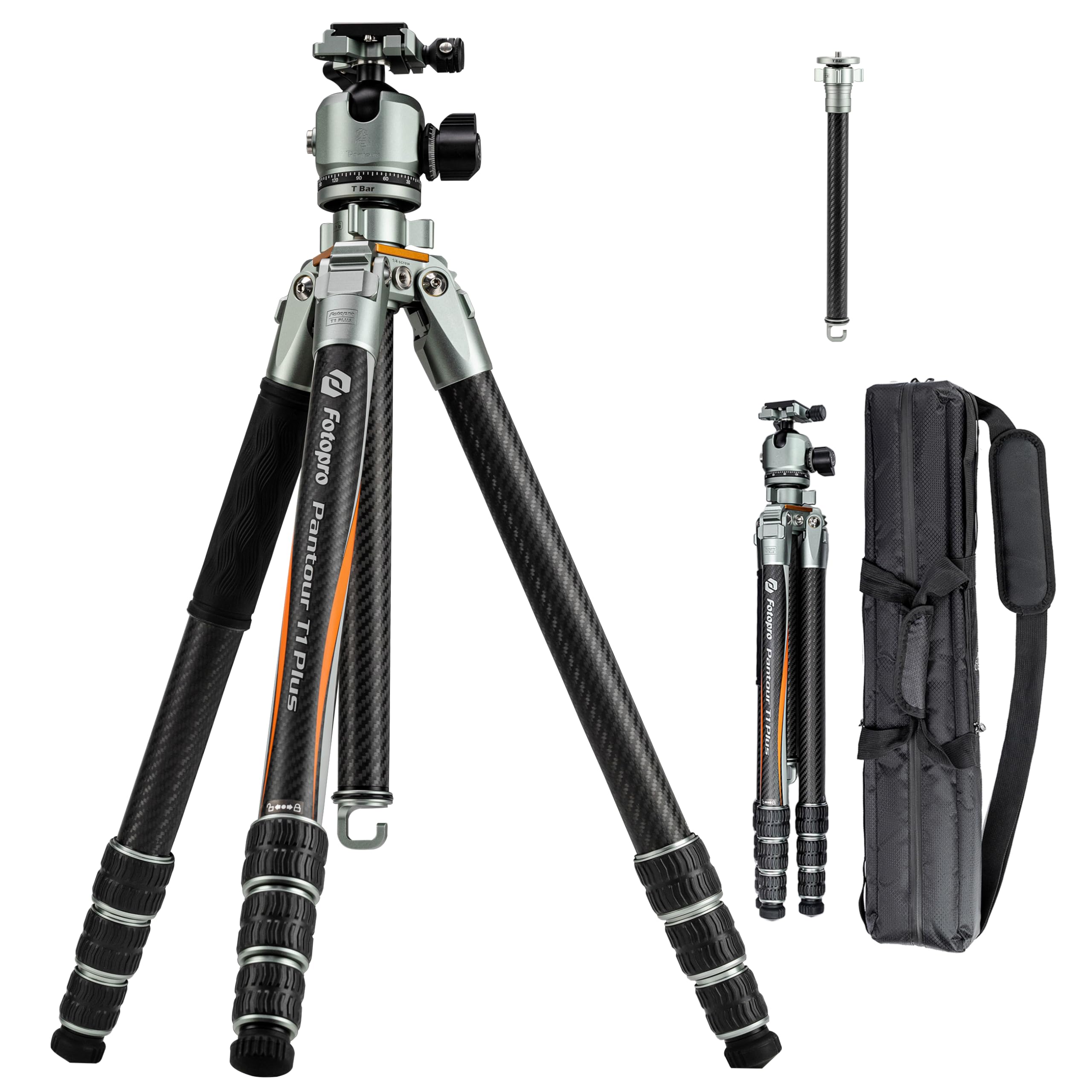 Fotopro Carbon Fiber Camera Tripod, 71-inch Lightweight Travel Tripod, Heavy Duty Professional 44mm Ball Head for Camera DSLR Video Camcorder, 20kg/44lbs Load, Waterproof & All Terrain, T1 Plus T-Bar