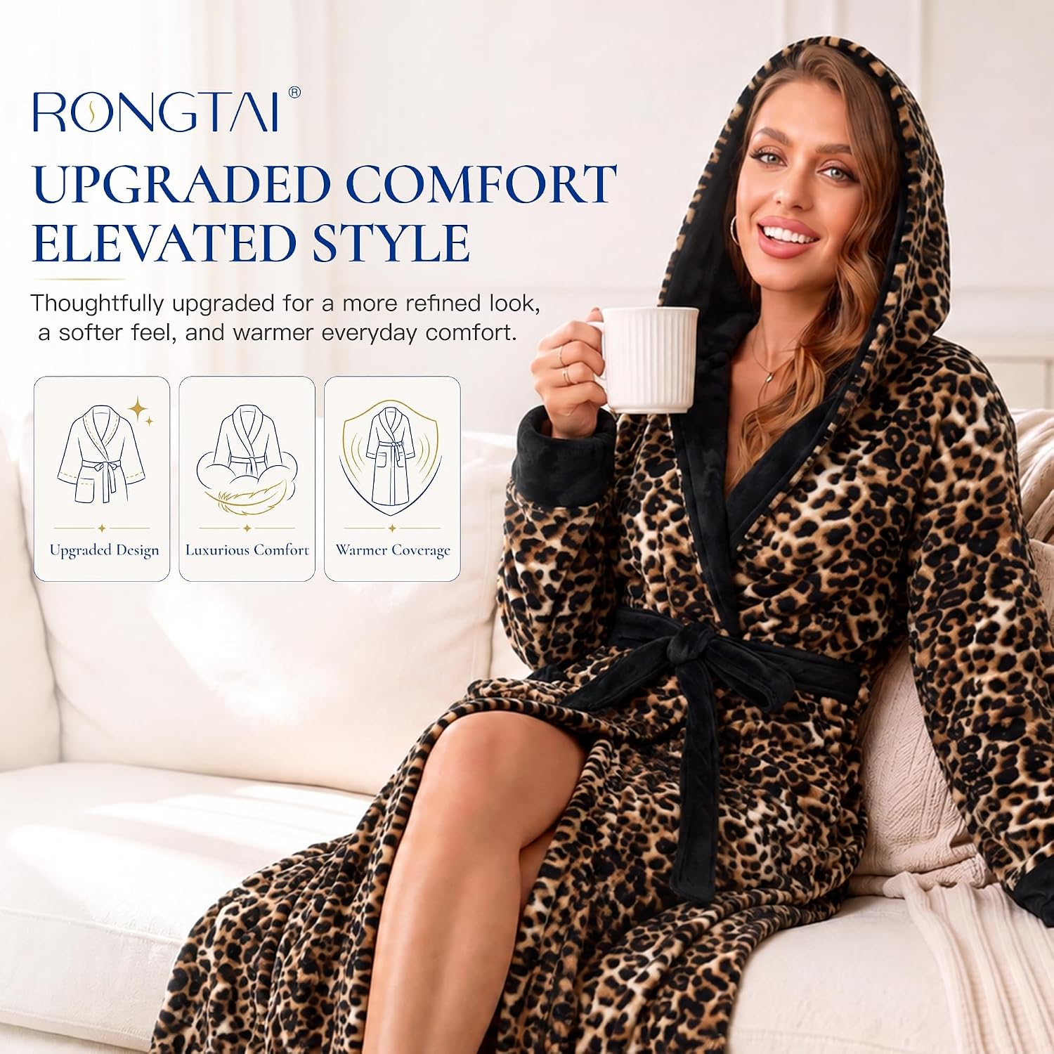 RONGTAI Women's Plush Hooded Robe Bathrobe-Fast Warmth for Home