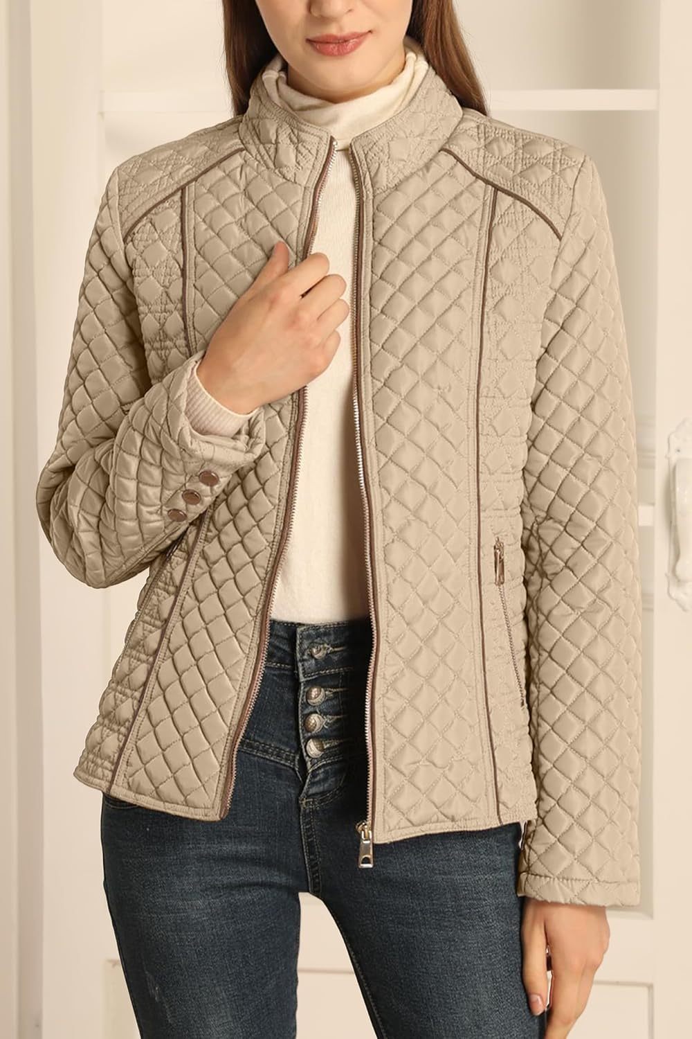 Bellivera Women's Stand Collar Lightweight Quilted Puffer Jacket Padded Zip Coat for Spring and Winter - Image 6