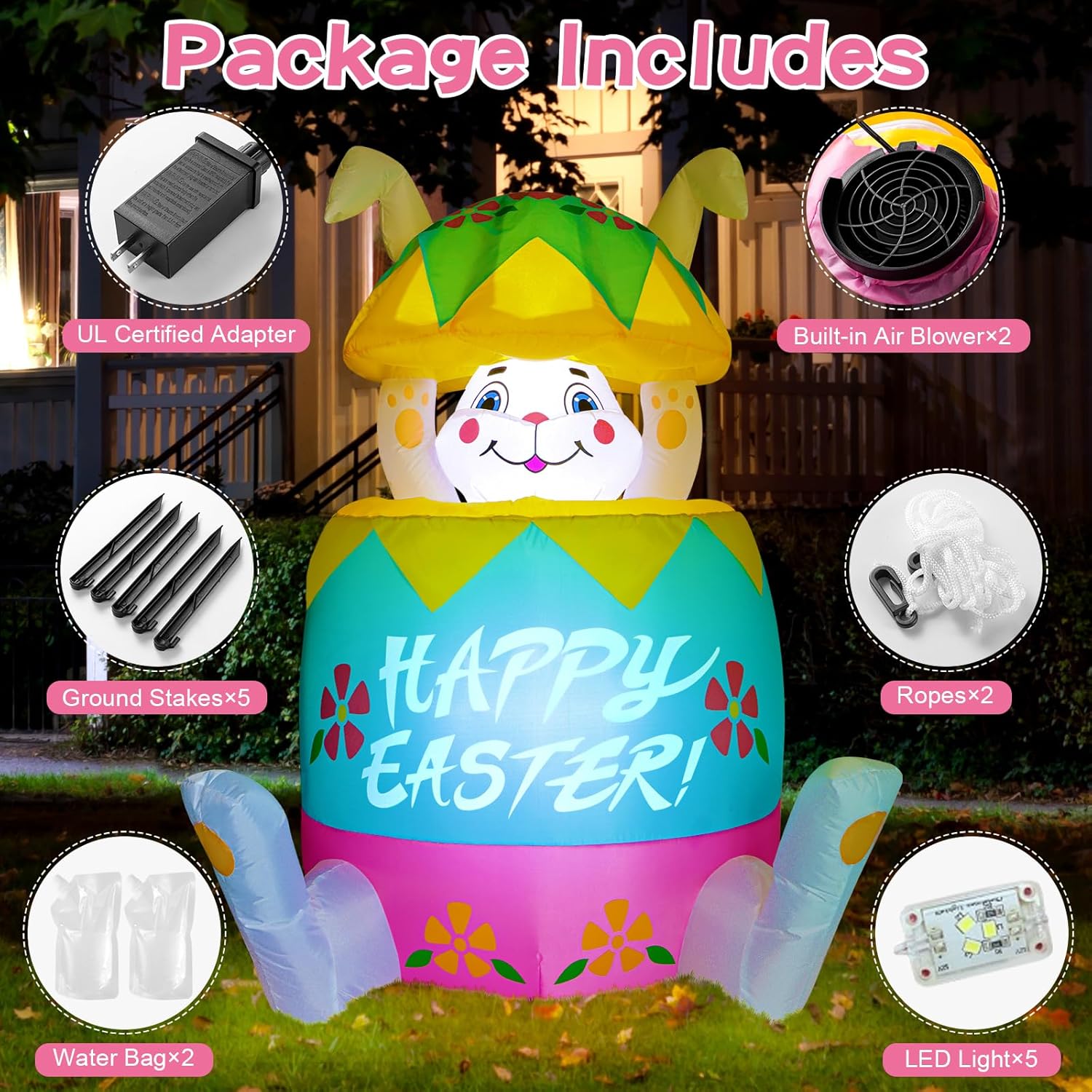 WINTS [Pop Up and Down] Easter Bunny Inflatables Outdoor Decoration,5Ft Colorful Inflate Bunny in Easter Egg,Blow Up Rabbit Decoration Built-in LED Lights for Yard Party Lawn Spring