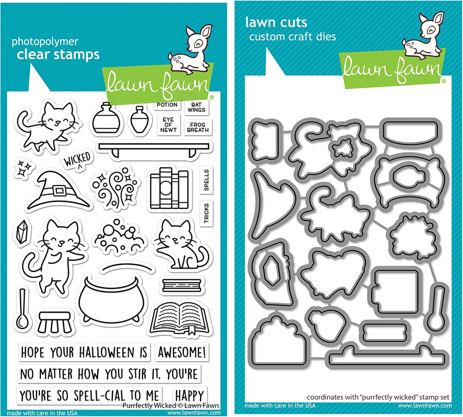 Lawn Fawn Purrfectly Wicked 4”x6” Clear Stamp Set and Coordinating Lawn Cuts Dies, Bundle of 2 Items (LF2664, LF2665)