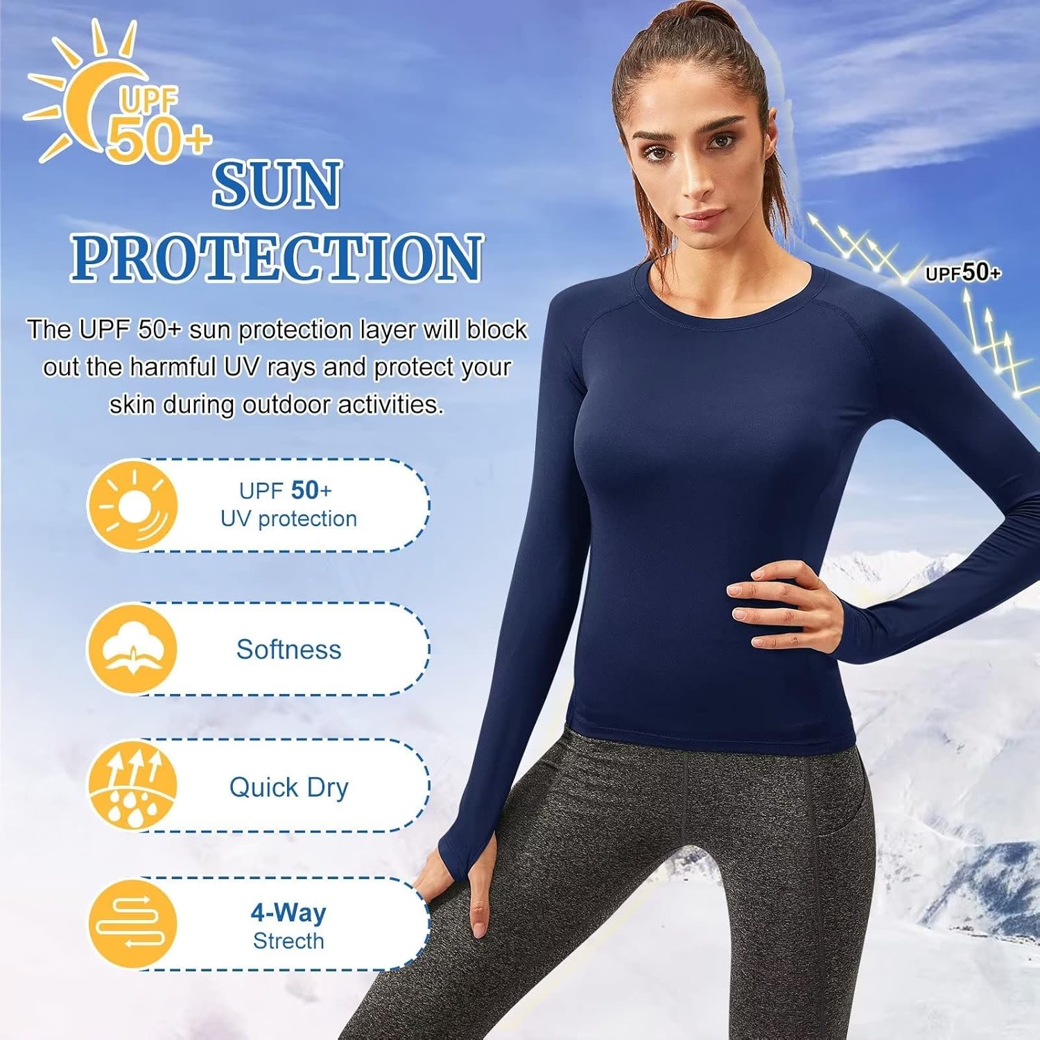 Women Thermal Top Thumbholes Fleece Ski Base Layer UPF 50+ Long Sleeve Compression Shirts Running,Warm,Quick Dry - Image 3