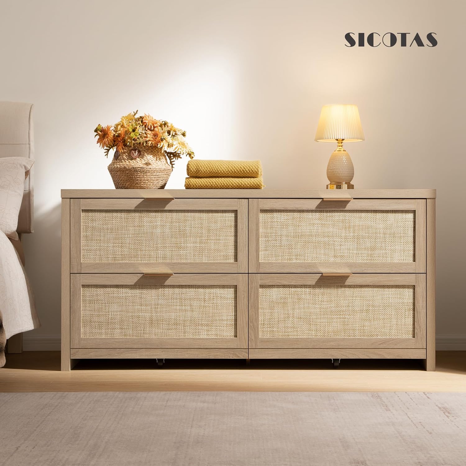 SICOTAS 60.8" Dresser for Bedroom, Rattan Boho Dresser with 4 Deep Drawers, Large Chest of Drawers for Closet,Nursery,Dressers TV Stand for Bedroom (Reclaimed Caramel Oak, 4 Drawers (1 pc))