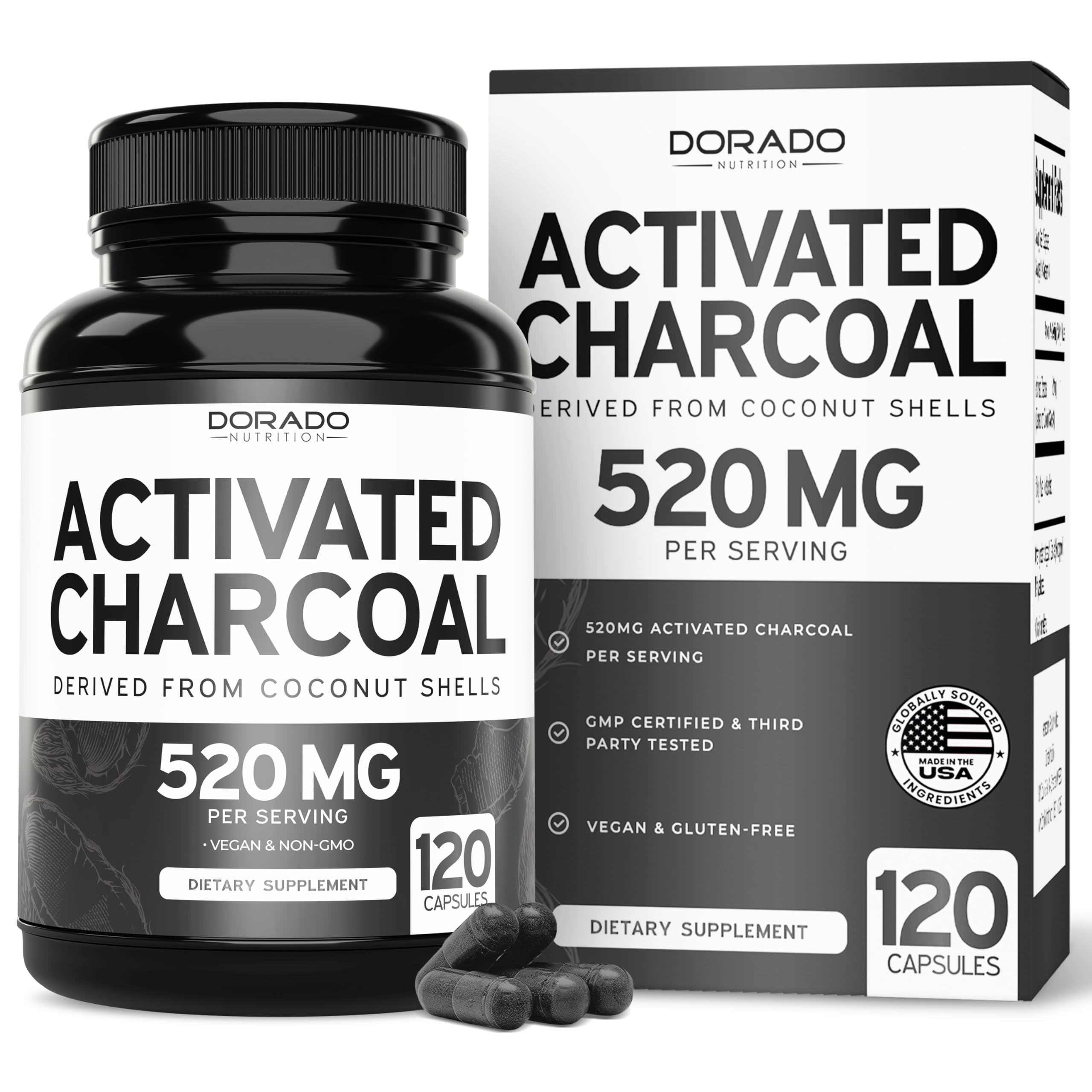 Organic Activated Charcoal Pills (120 Capsules) Activated Charcoal Derived From Coconut Shells Support Bloating & Detox 520mg Per Serving for Women & Men - Third Party Tested - Non GMO & USA Made