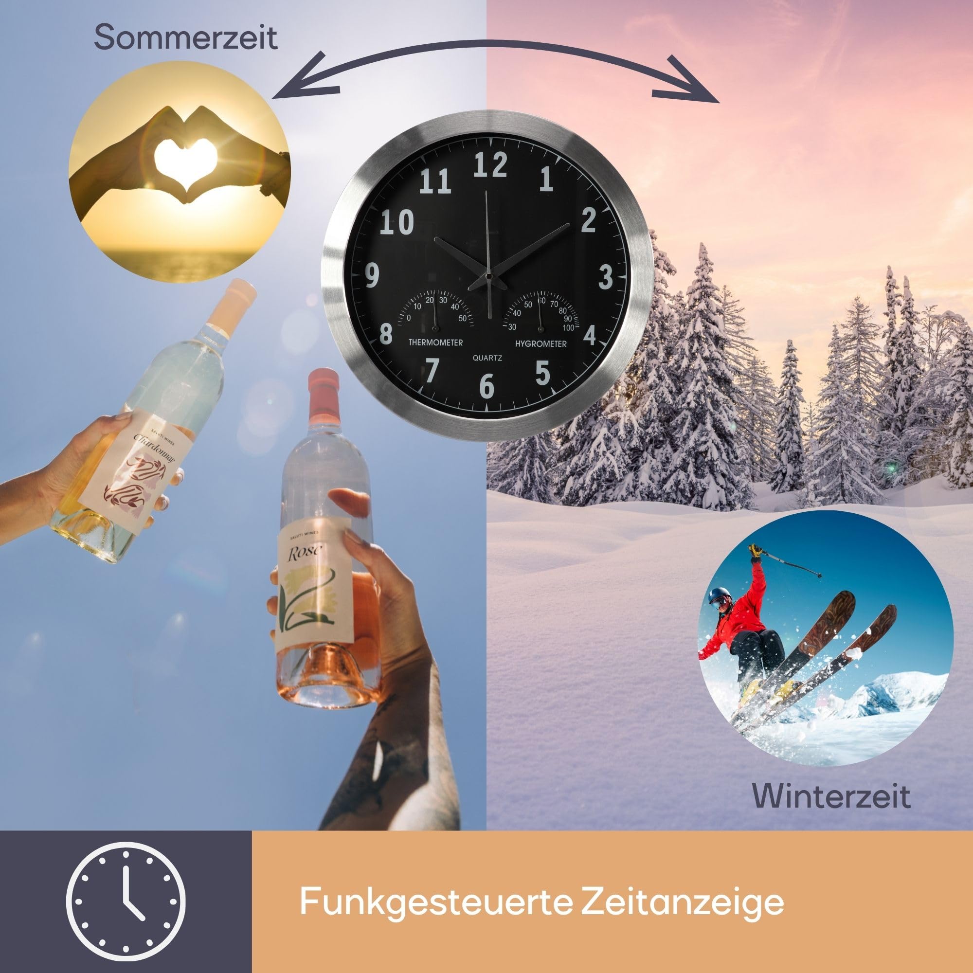 Perel Analoge Wanduhr 35,5 cm mit DCF-Zeitsynchronisation, Thermometer und Hygrometer, gut ablesbares Zifferblatt, silberner Aluminiumrahmen, Wohnzimmer Küche Büro Wartezimmer