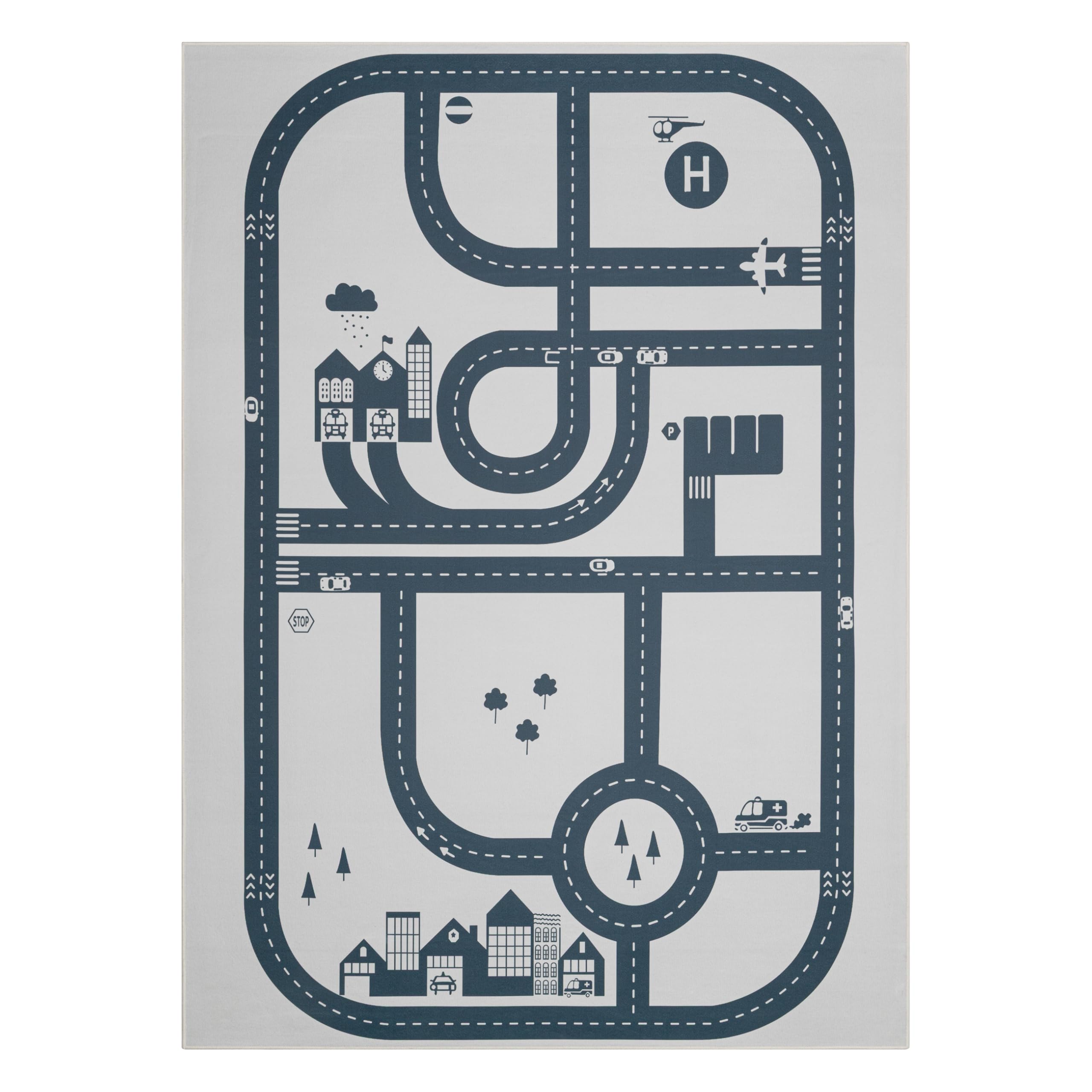TAPISO Snooki Kinderteppich Straßen Auto Grau rutschfest 120 x 160 cm | Kinder Teppich Strapazierfähig Pflegeleicht weich Deko OEKO-TEX