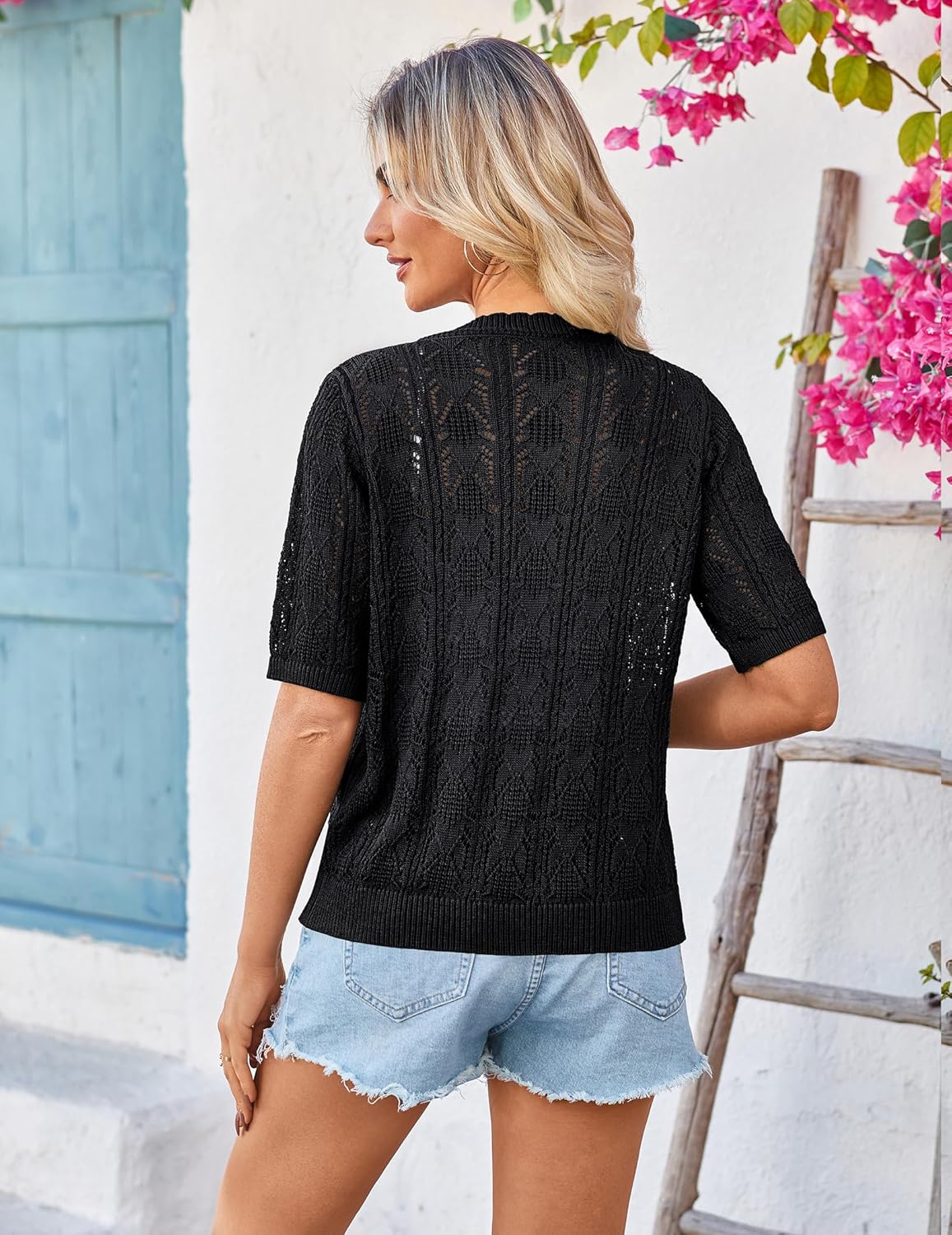 Yekaty Womens 2026 Short Sleeve Crochet Summer Cardigan Cropped Button Sweater Lightweight Shrug for Dress - Image 5