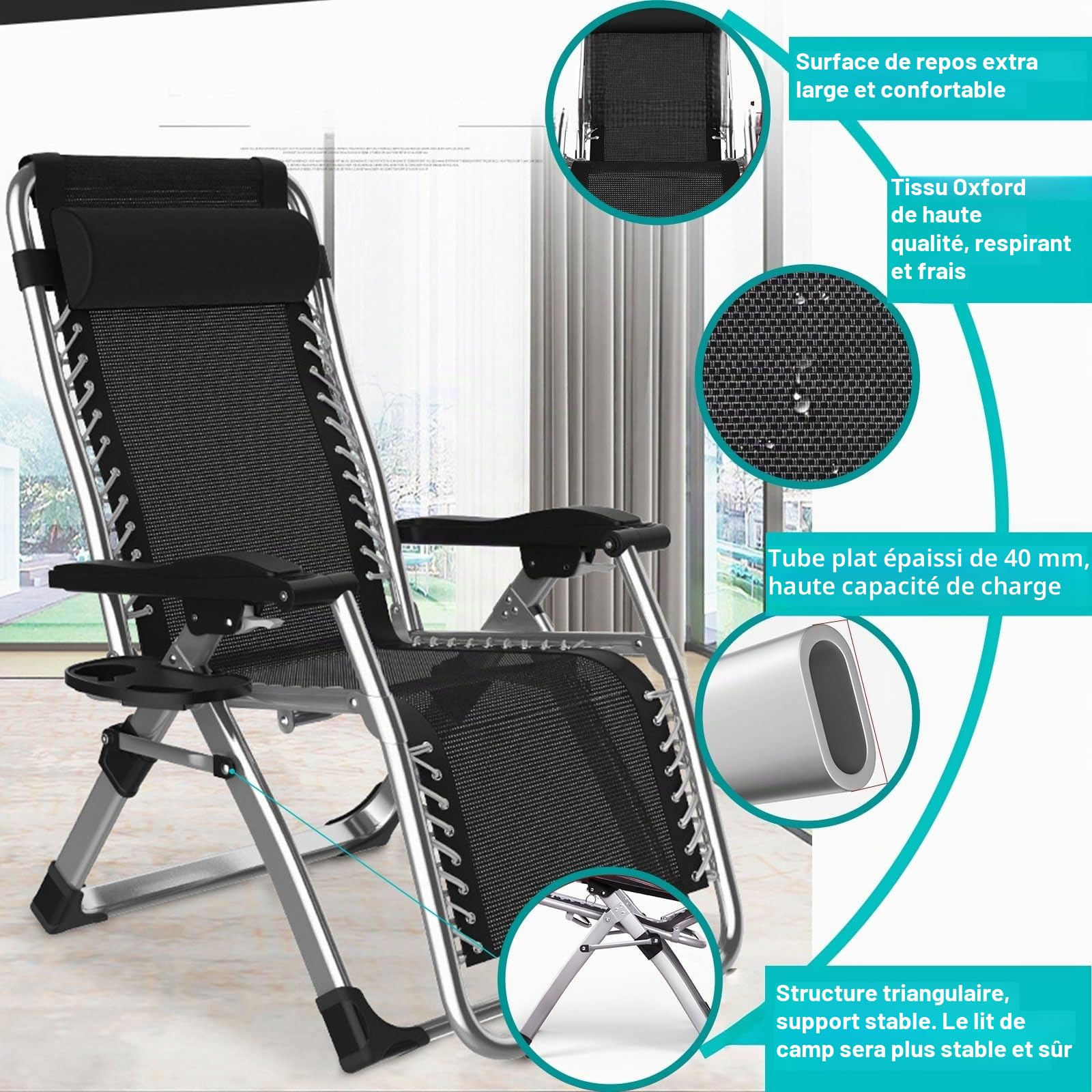 Chaise Longue Pliante Jardin 84cm - Transat Pliable Exterieur Plage Charge 240kg, Fauteuil Relax Jardin avec Coussin, Gobelet et Housse, Bain de Soleil Inclinable pour Terrasse, Piscine ou Patio