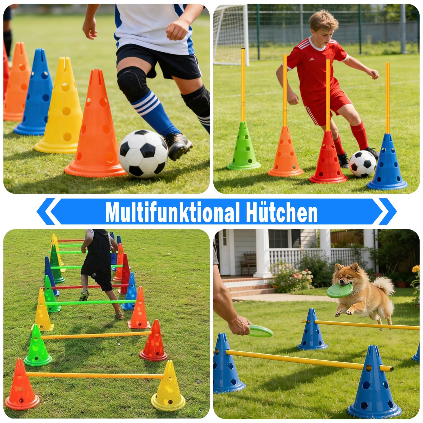 Accessori per allenamento da calcio, scala di coordinazione da 6 m con 12 coni, 4 ostacoli con 8 coni + 4 barre, palla di reazione, paracadute di resistenza, aste per slalom, set per