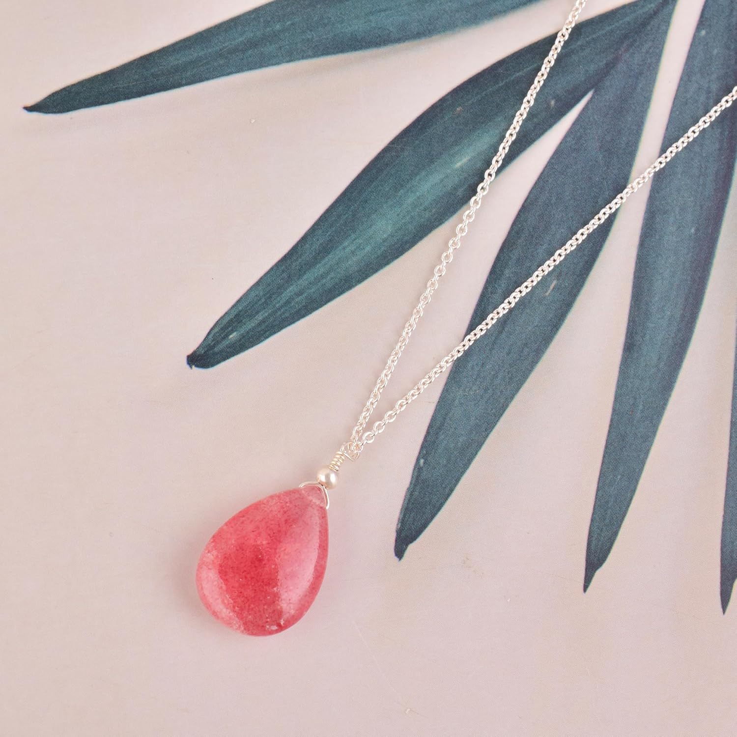 Natural Pink Strawberry Quartz Crystals Pendant Necklace, Pear Cabochon Gemstone, Energy Healing Crystals, Birthday, Gift for Her, Gemstone Jewelry 18 inch AAA+ Quality (strawberry) - Image 2