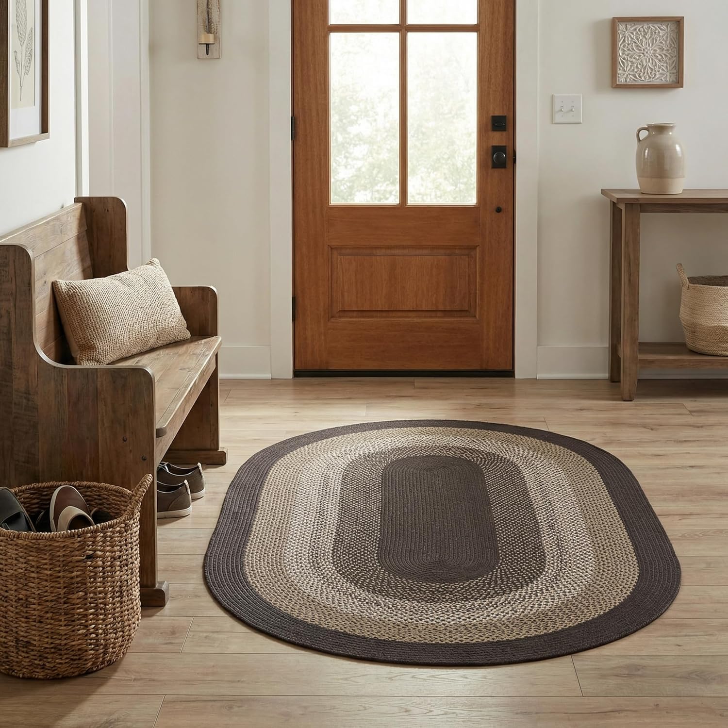 Super Area Rugs Rustic Taupe & Dark Gray Oval Braided Rug for Entryway/Foyer, Woven Outdoor Rug for Patio/Porch 3' x 5' Oval