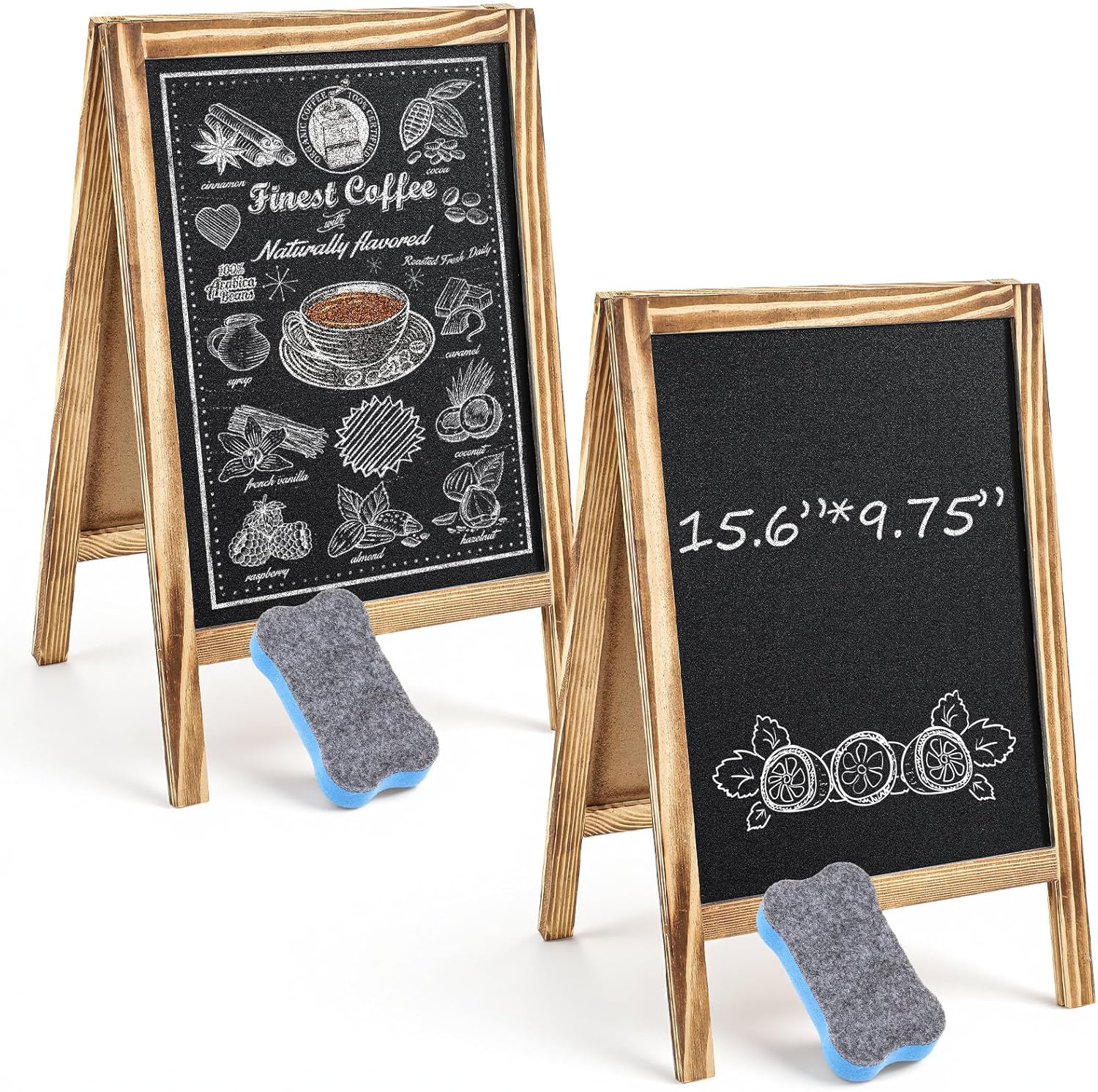 Henoyso 2 Pcs Double-Sided Tabletop Chalkboard Sign, 16"x10" Easel Rustic Wood Frame Small Chalkboard with 2 Erasers for Menu Cafes, Restaurants, Weddings Home Decor(Brown)