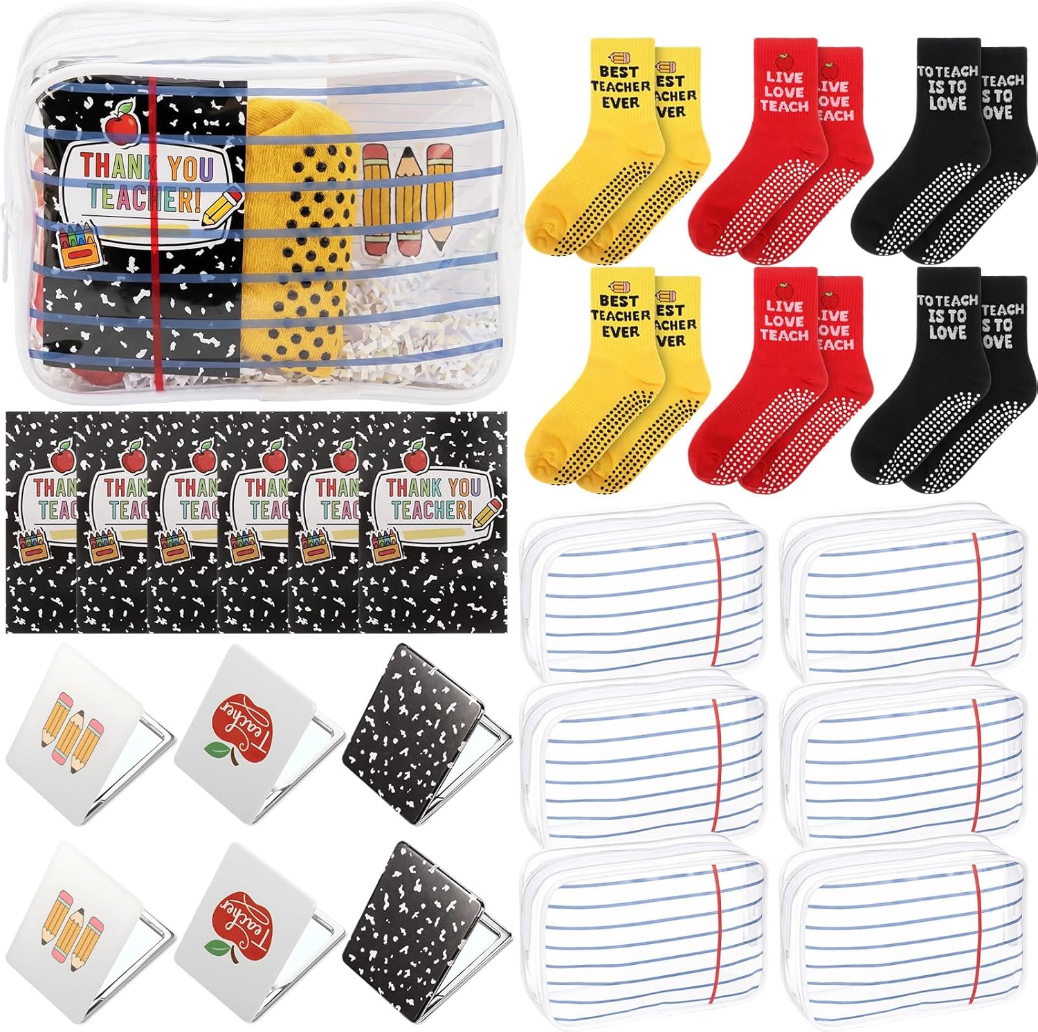 6 Set Teacher Appreciation Gift Bulk, Teacher Gifts for Women Graduation with Clear Cosmetic Bags, Non Slip Yoga Socks, Thank You Cards, Mini Mirrors & Raffia, Ready to Gift Bulk