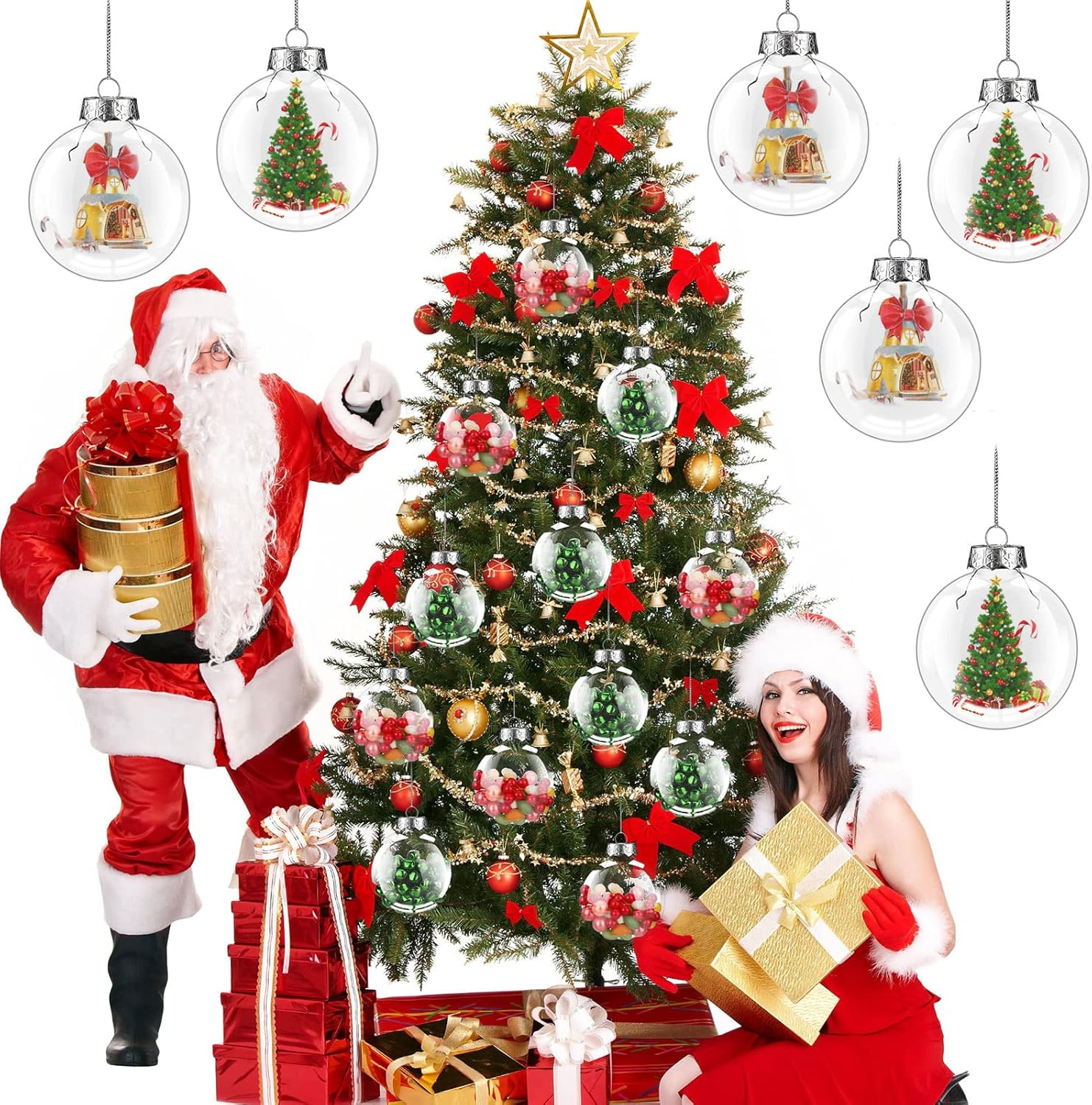 Macarrie 60 Pcs Christmas Clear Plastic Ornaments for Crafts, Fillable Flat Ball Hanging Ornament Plastic Empty Discs Balls with Lid Rope for DIY Christmas Tree Home and Party Decor(3.15 Inch)