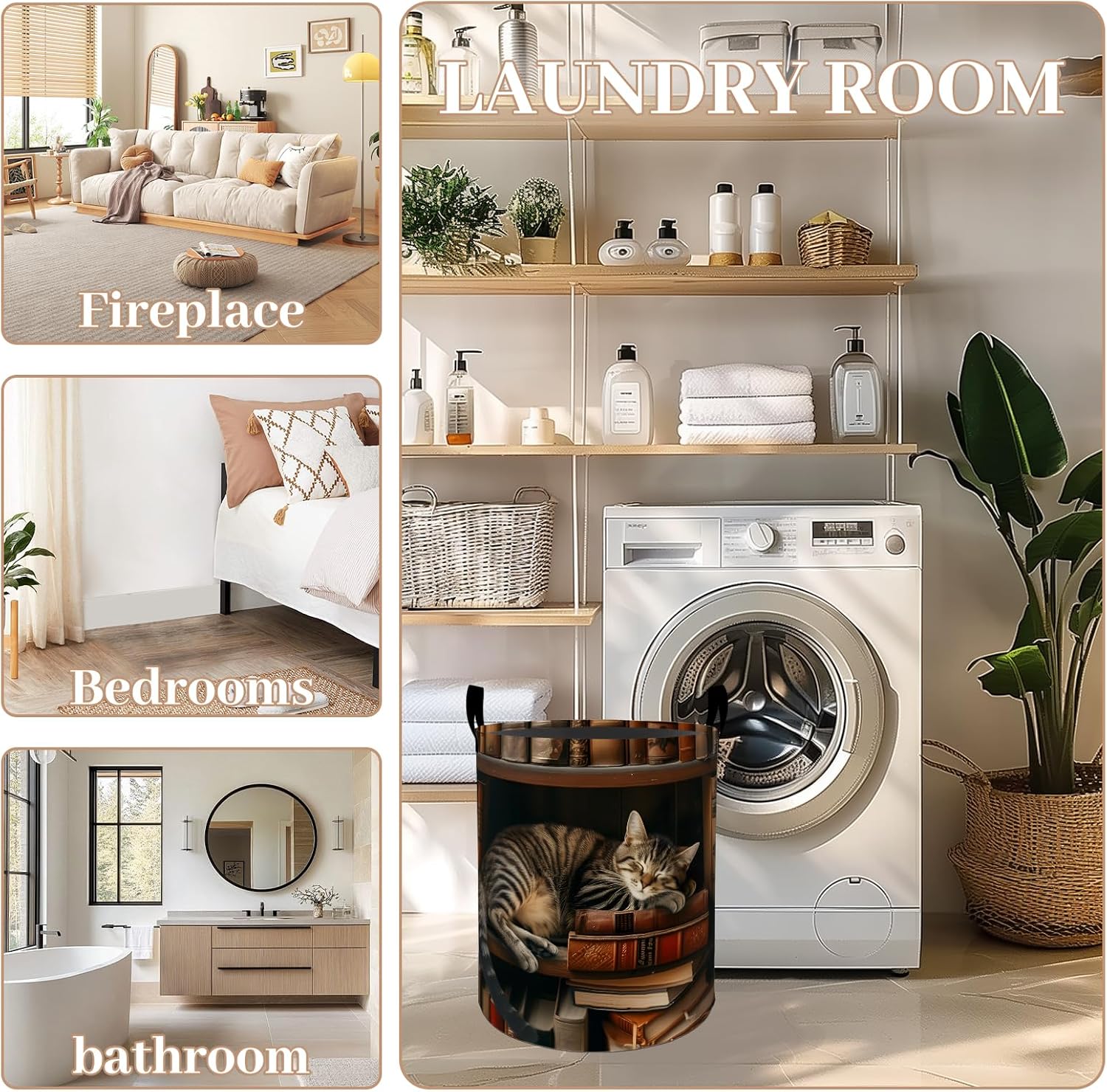 Cat Laundry Basket, Oxford Cloth Vintage Elegant Dirty Clothes Collapsible Hamper for Room Decor, Bookshelf Library and Kitten Print Gifts Toy Organizer 19.7*15.8 Inch for Bedroom Bathroom Dorm