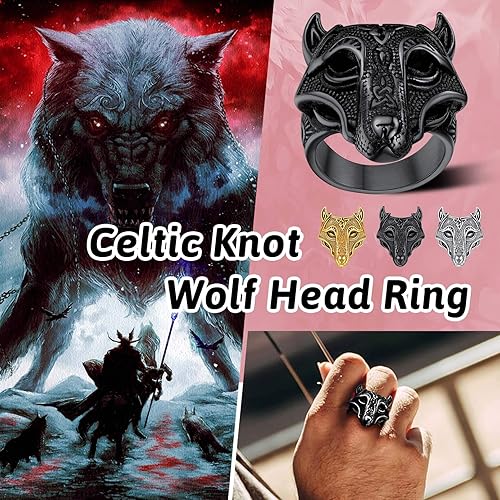 Vista 3 de FaithHeart Norse Viking Jewelry - Anillo de acero inoxidable de guerrero para hombre con diseño vikingo de cabeza de lobomartillo de Thor
