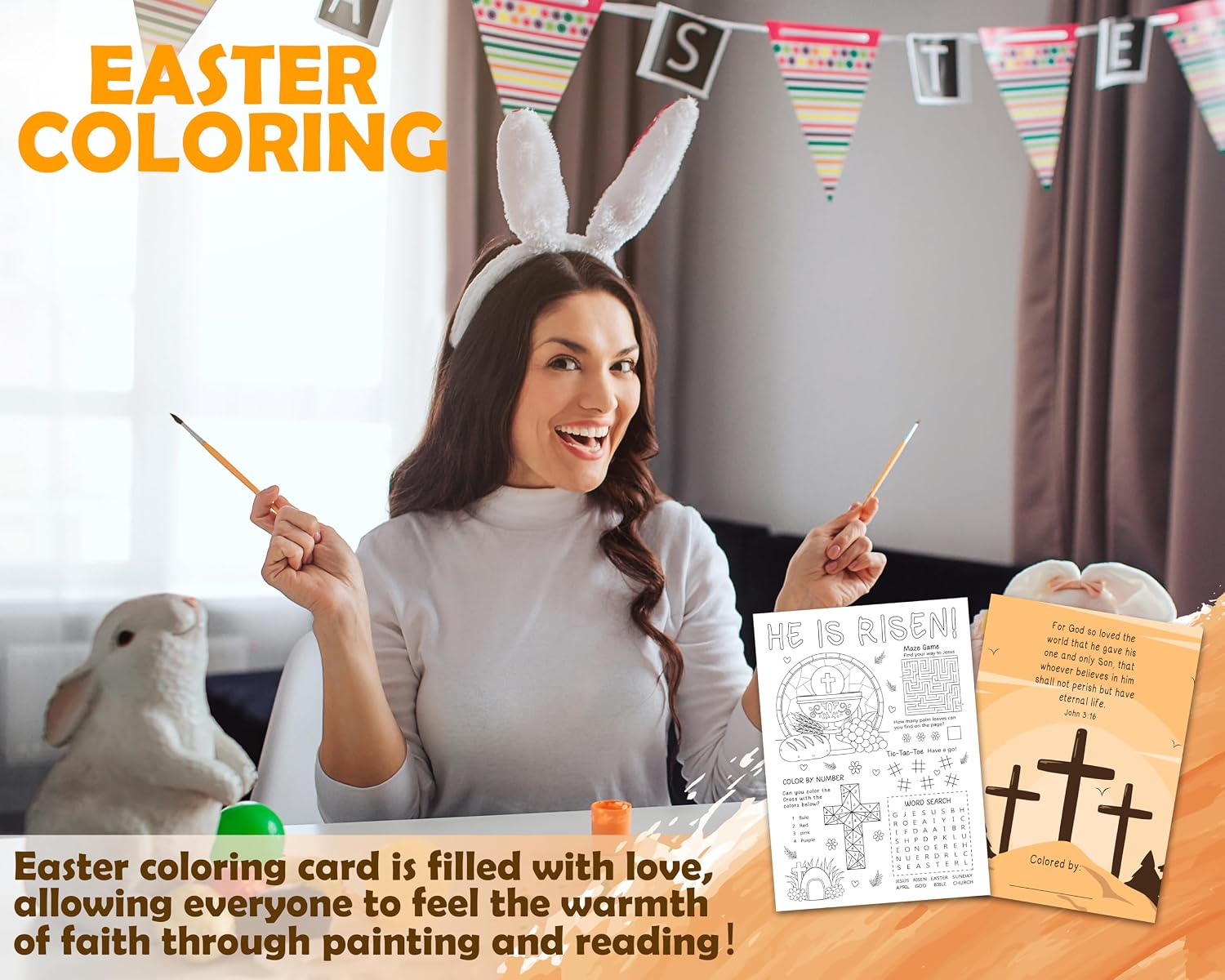 YEBFC 25 Pcs Easter Mini Games Coloring Cards, He is Risen Themed Color-in Cards, Funny Christian Cross Bible Posters, Easter Eggs Basket Stuffer Gifts, Spring DIY Crafts for Adult Party (05)