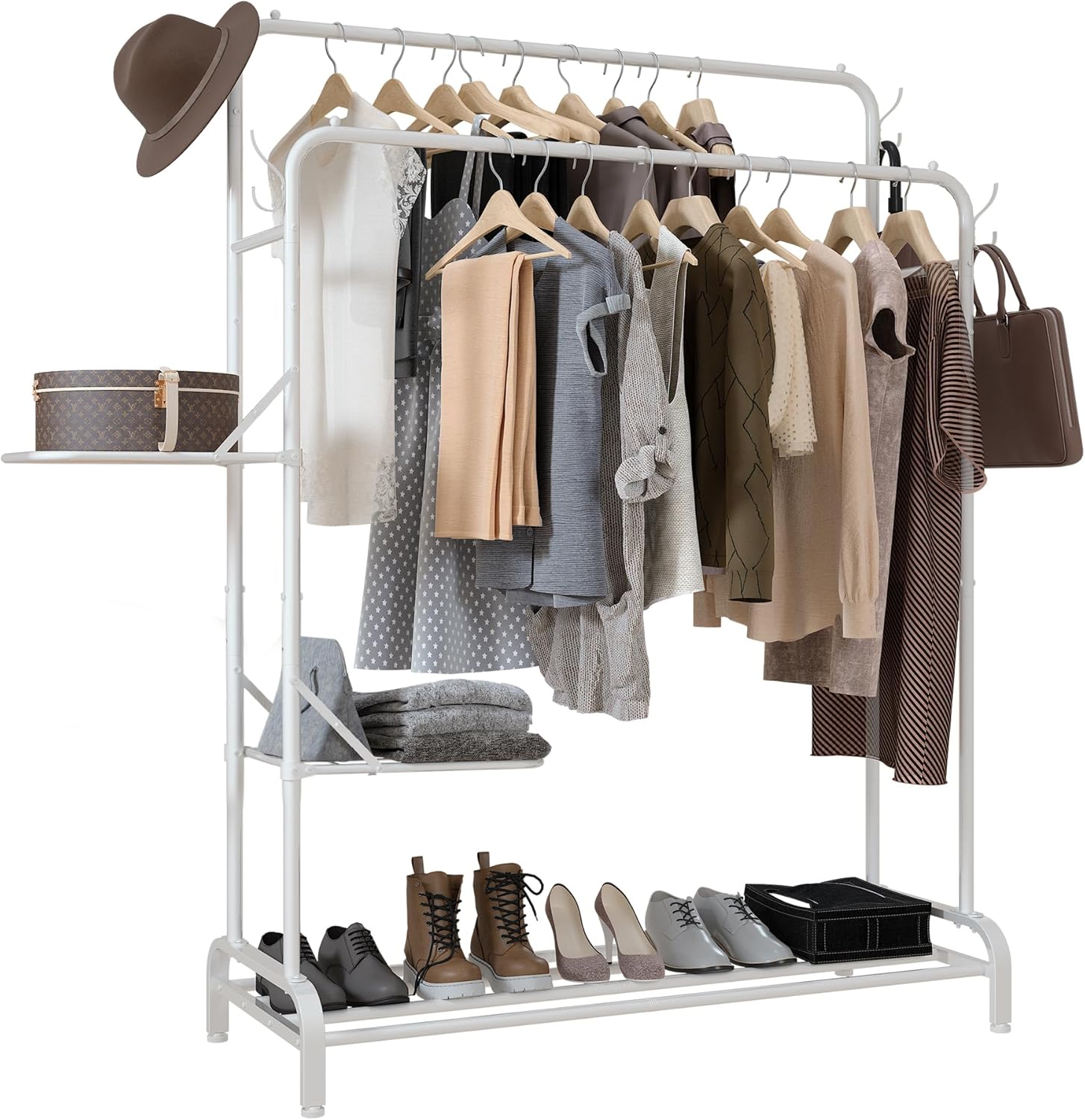 White Heavy Duty Clothes Rail With Folding Shelves, 100KG Garment Rack With Double Hanging Clothing Rails, 3 Shelves, Coat Shoe Rack, 4 Hooks, Clothes Rails For Bedroom, Shops