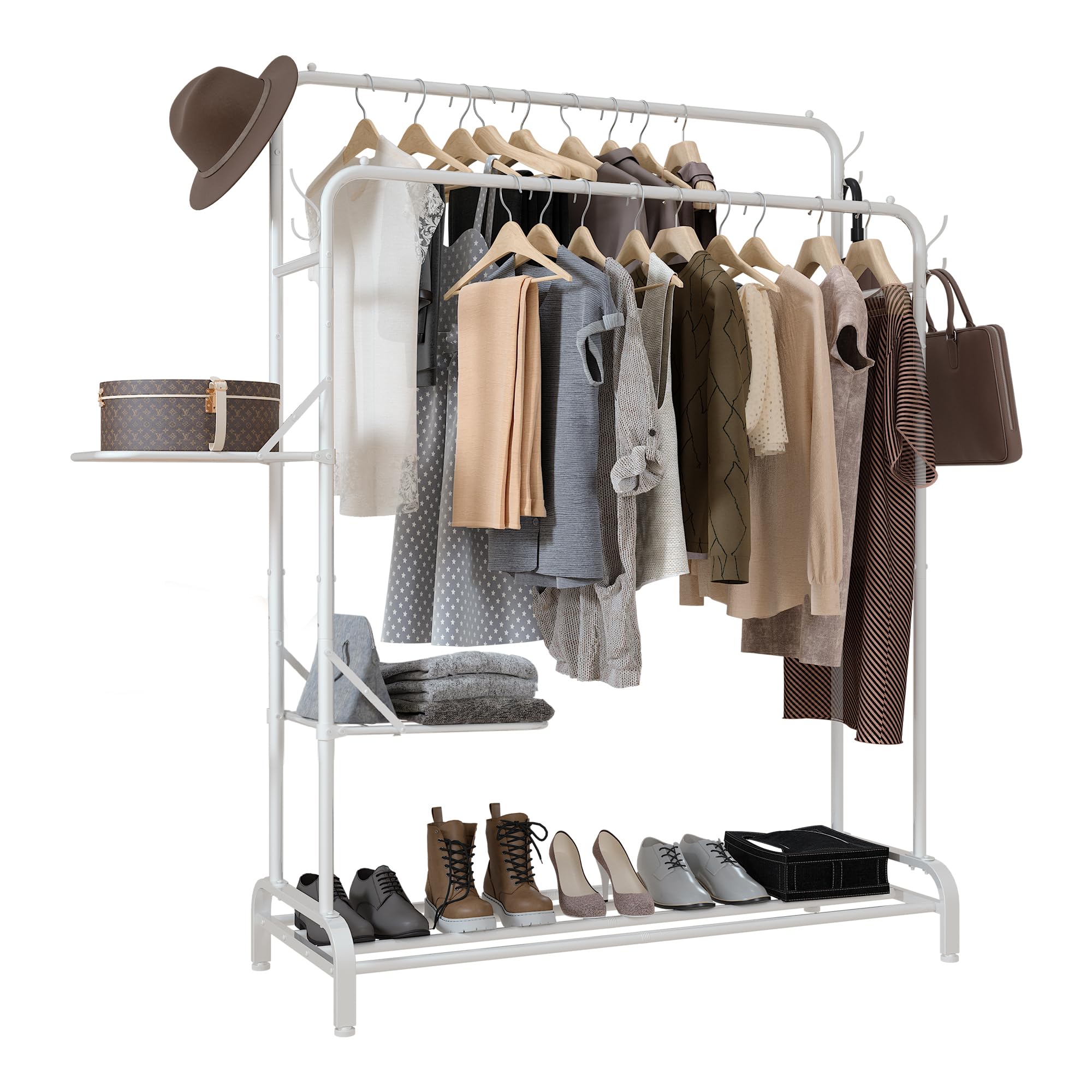 Klass Home Collection White Heavy Duty Clothes Rail With Folding Shelves, 100KG Garment Rack With Double Hanging Clothing Rails, 3 Shelves, Coat Shoe Rack, 4 Hooks, Clothes Rails For Bedroom, Shops