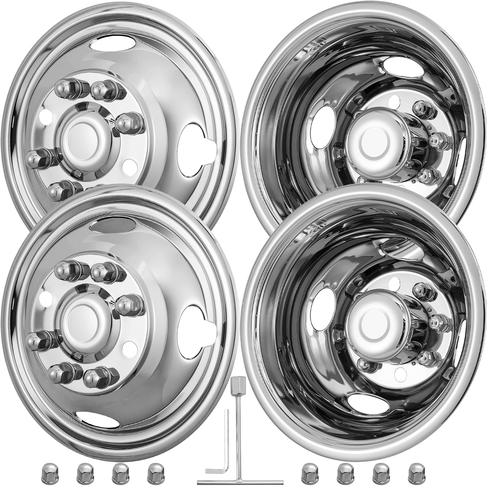 View 1 of 17" Wheel Simulators, 17" 8 Lug Stainless Steel Hubcaps with Wheel Lug Bolts Kit, Polished Finish, 2 Front Wheels/2 Rear Wheels, Suitable for 2005-2021 Ford F350 Truck.