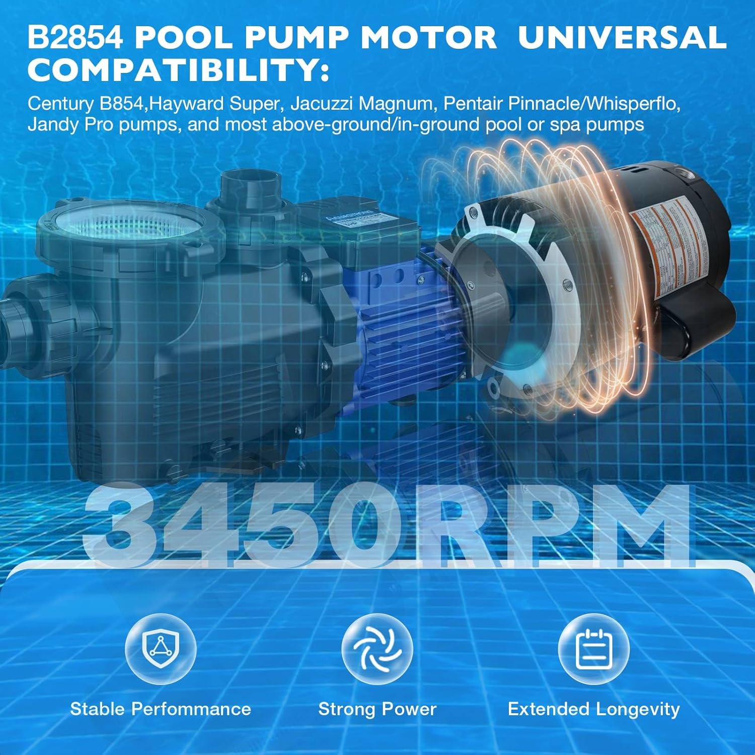 B2854 B854 Pool Pump Motor,1-1/2 HP,56Y Frame,230/115 Volts,3450 RPM,Compatible withwith A.O. Smith Century,Pentair Sta-Rite Whisperflo Challenger Pinnacle Anthony Above&In Ground Pool Pumps
