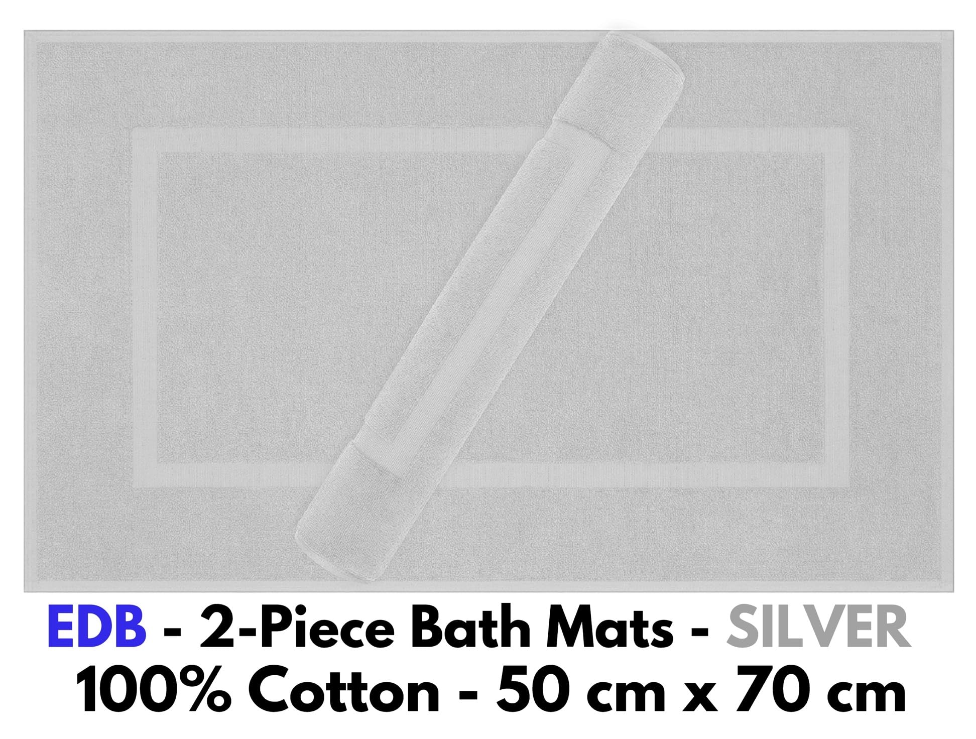 EDB Pack of 2 Terry Toweling Bath Mats Set 100% Cotton Maximum Absorbency Quick Dry 50 x 70 cm Machine Washable Soft 1000-GSM (Silver) - Image 2