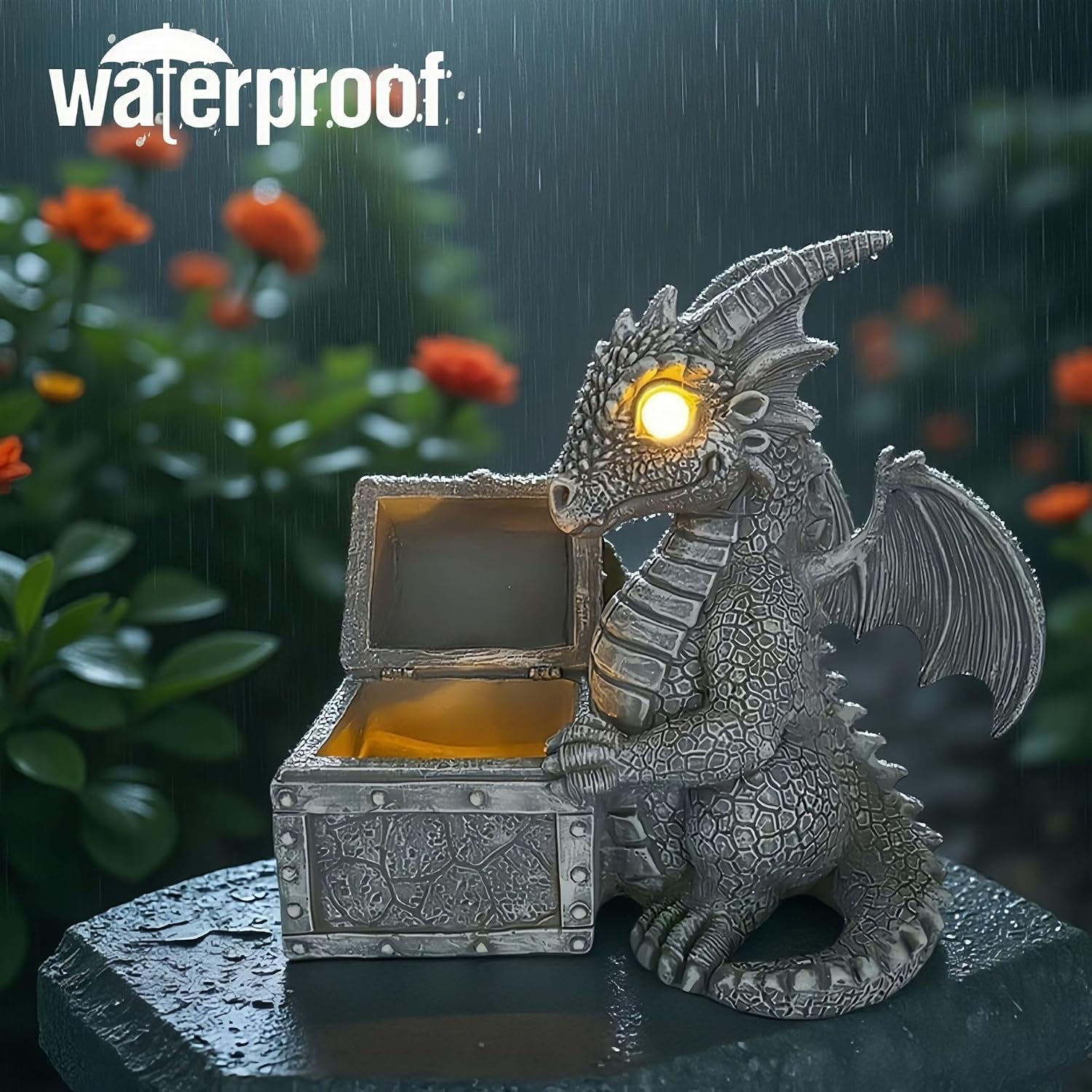 Solar Dragon Statue Outdoor Garden Decor, Weatherproof & Auto-On/Off Dragon Solar Light,Resin Dragon Garden Statue,Funny Dragon Figurine for Lawn Patio Yard Decoration (Dragon Guarding Treasure Chest)
