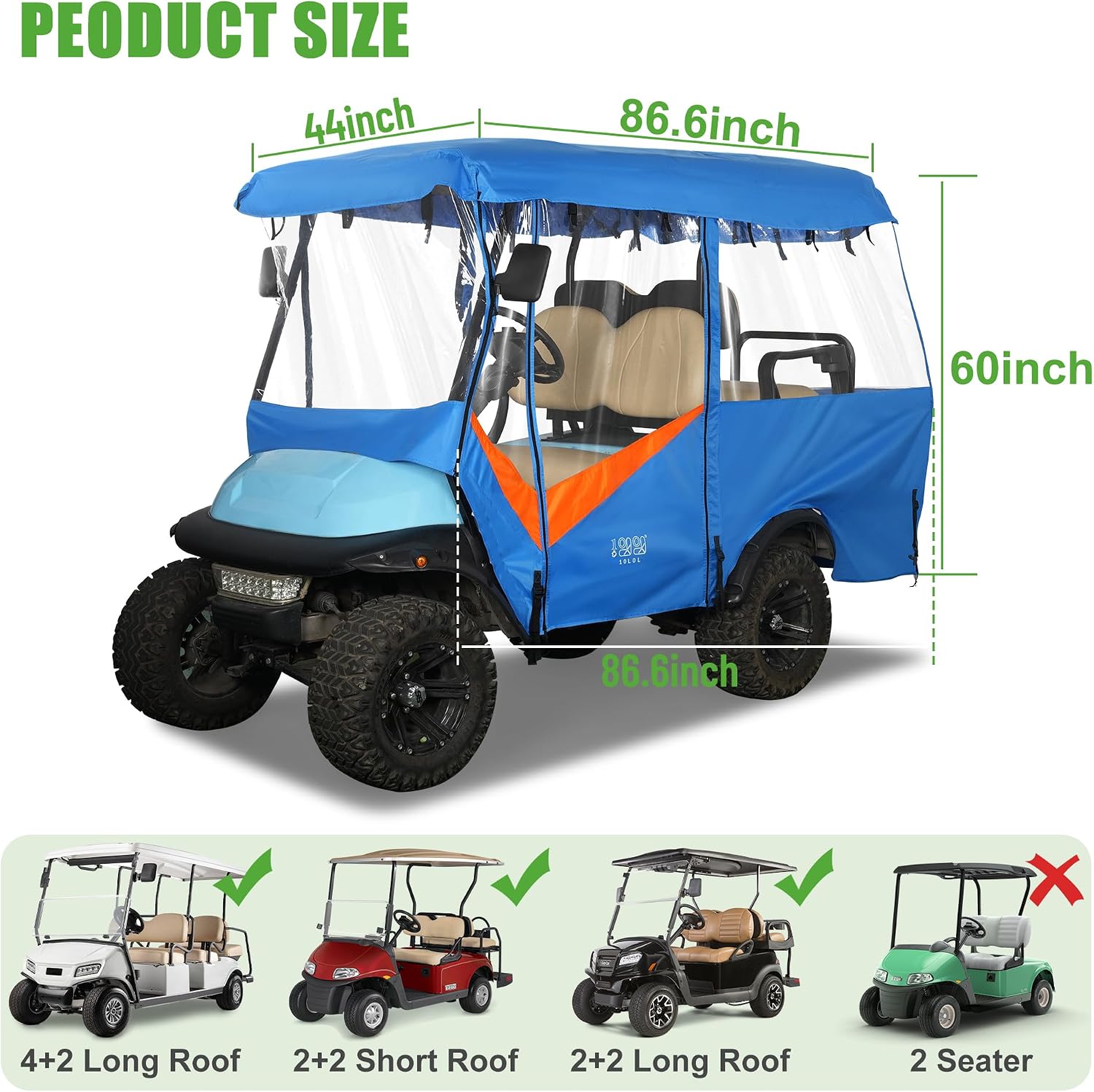 10L0L Golf Cart Enclosure 4 Passenger 86" Extended Roof for Yamaha Club Car Tempo Onward EZGO, 4-Seater 600D Waterproof Rain Cover,Transparent Tail Light Panel, 4-Sided Clear Windows