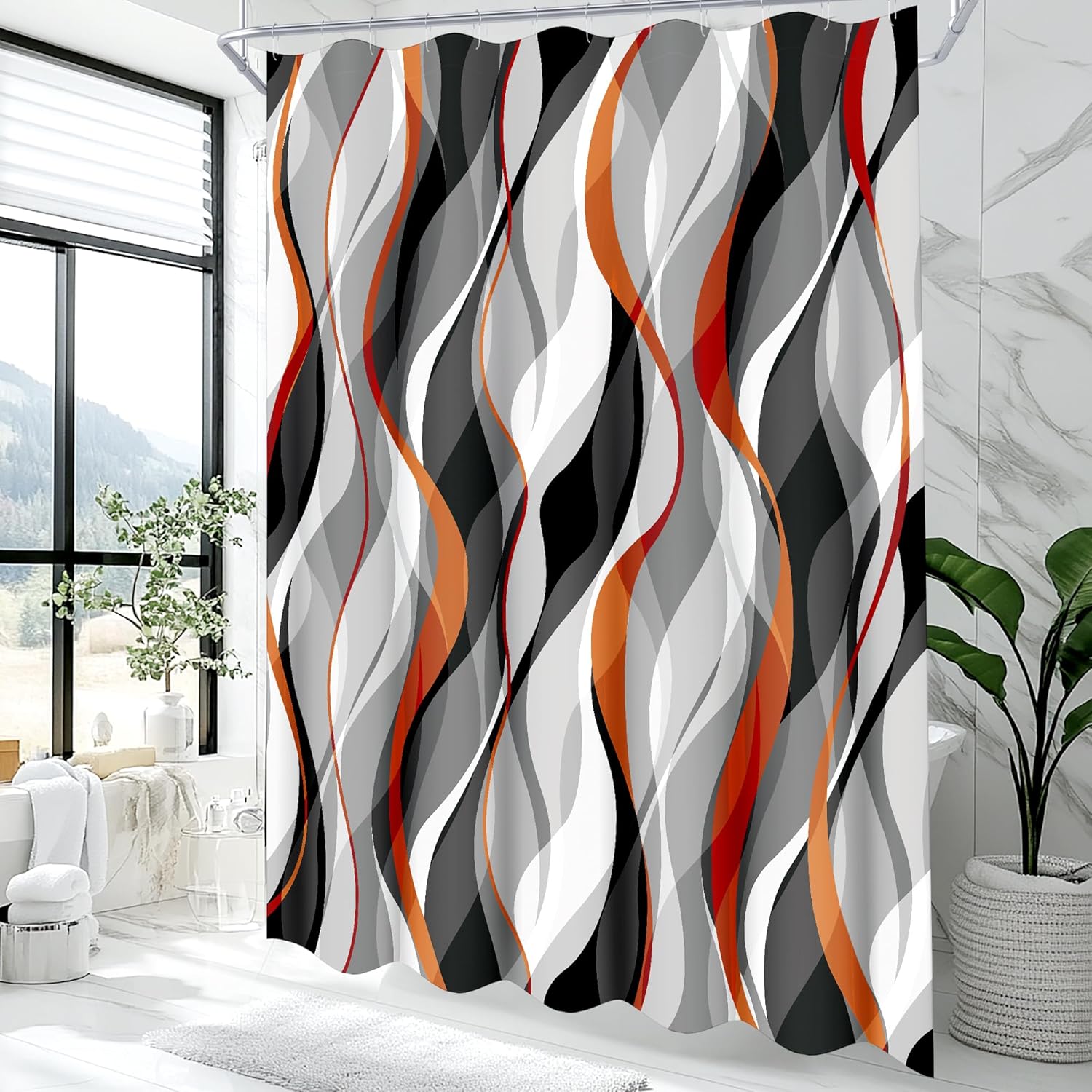 Orange and Grey Shower Curtain for Bathroom - Modern Abstract Striped Minimalist Fabric Bath Curtain Set, Waterproof, Black Gray Orange, 72 x 72 Inch