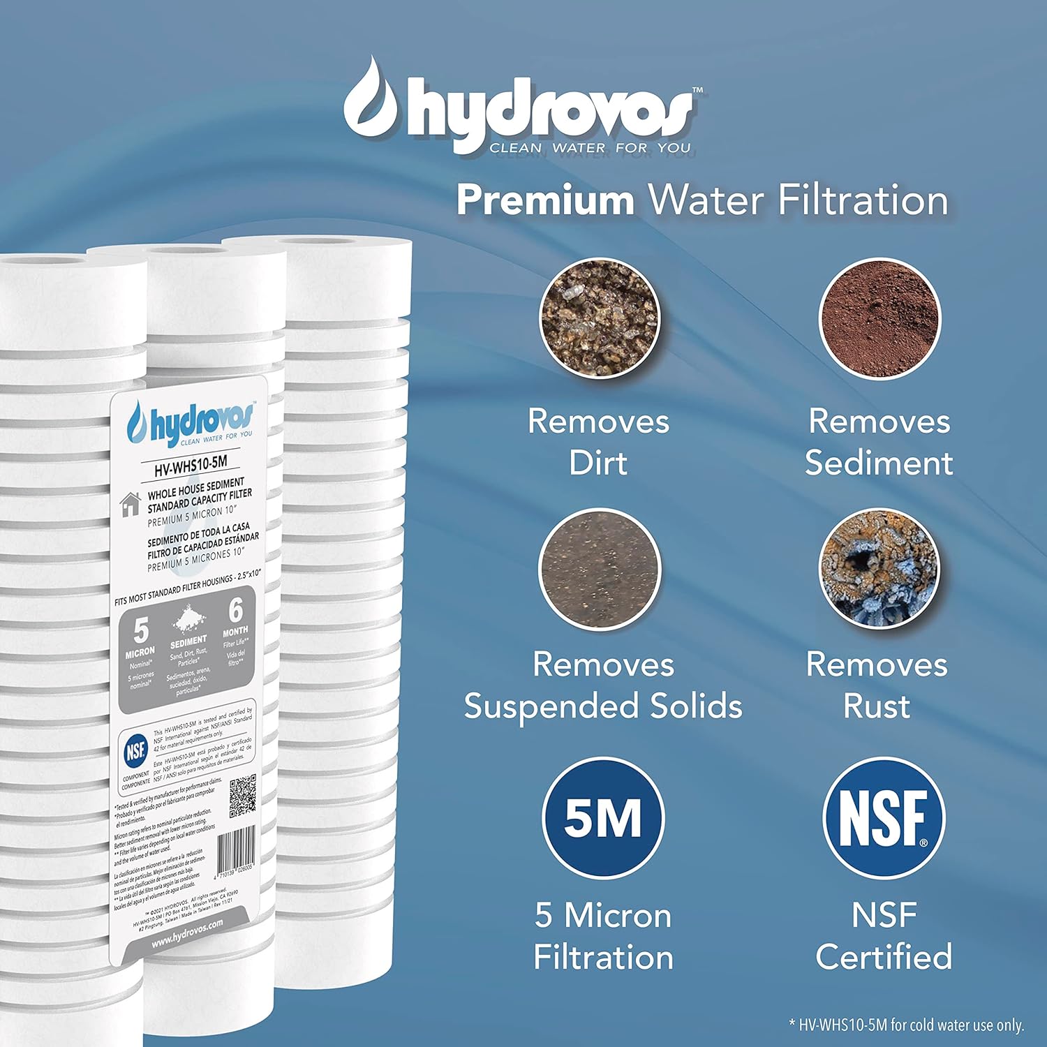 HYDROVOS 2.5" x 10" 5 Micron Whole House Water Filter, NSF Certified 10 Inch Grooved Sediment Filter with 6-Month Filter Life, 4 Pack