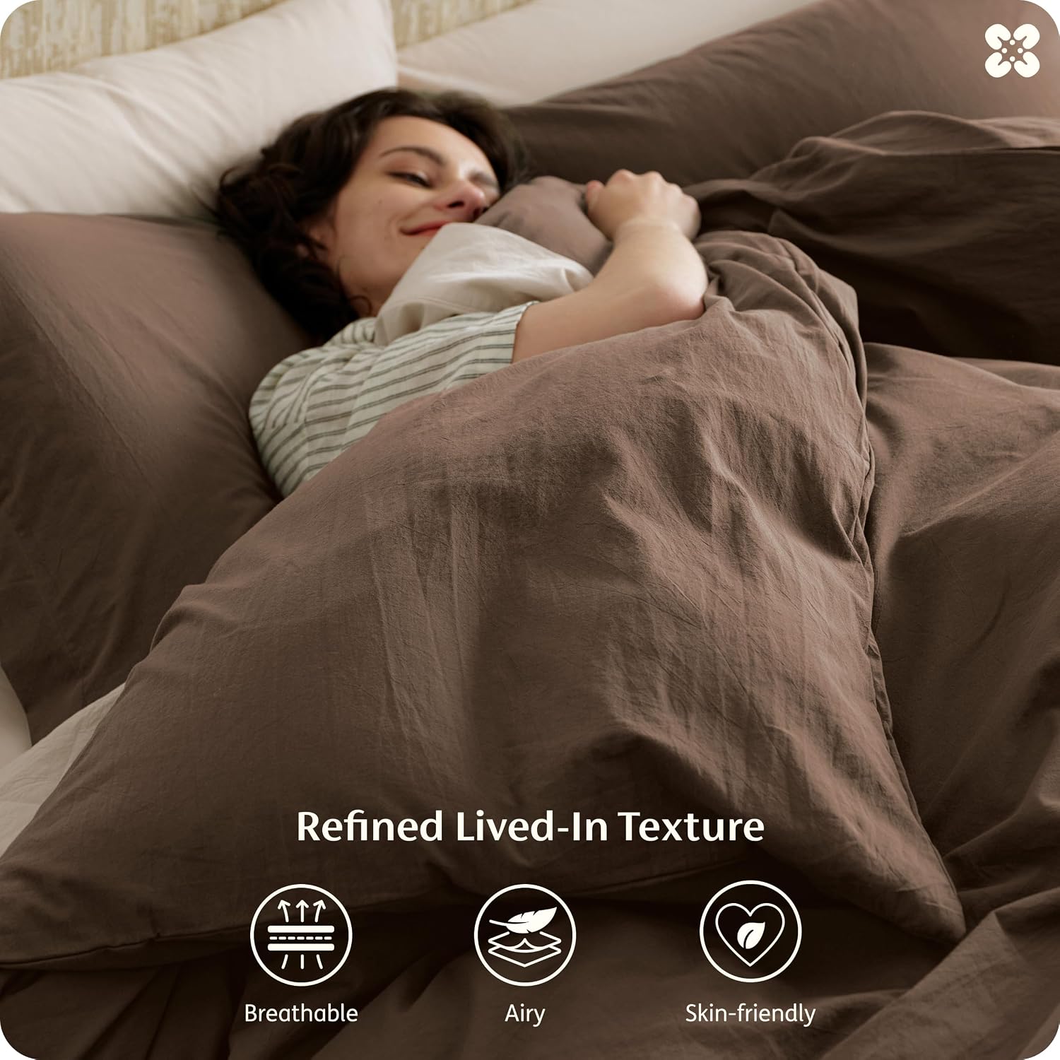 Bedsure 100% Washed Cotton Duvet Cover Full Size - Brown Minimalist Bedding Set Linen Like - PureWoven Plain Simple & Soft Comforter Cover for All Seasons (Brown, Full, 80"x90") thumbnail