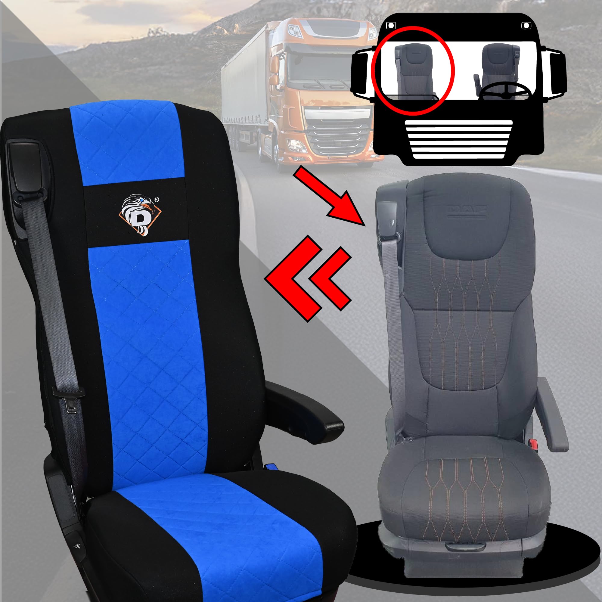 SABA Funda de Asiento para DAF 105 XF 2012, 106 XF 2013, XG, XG+ 2022, 2 Cinturones de Seguridad Azul Accesorios de protección para Asientos de Camiones